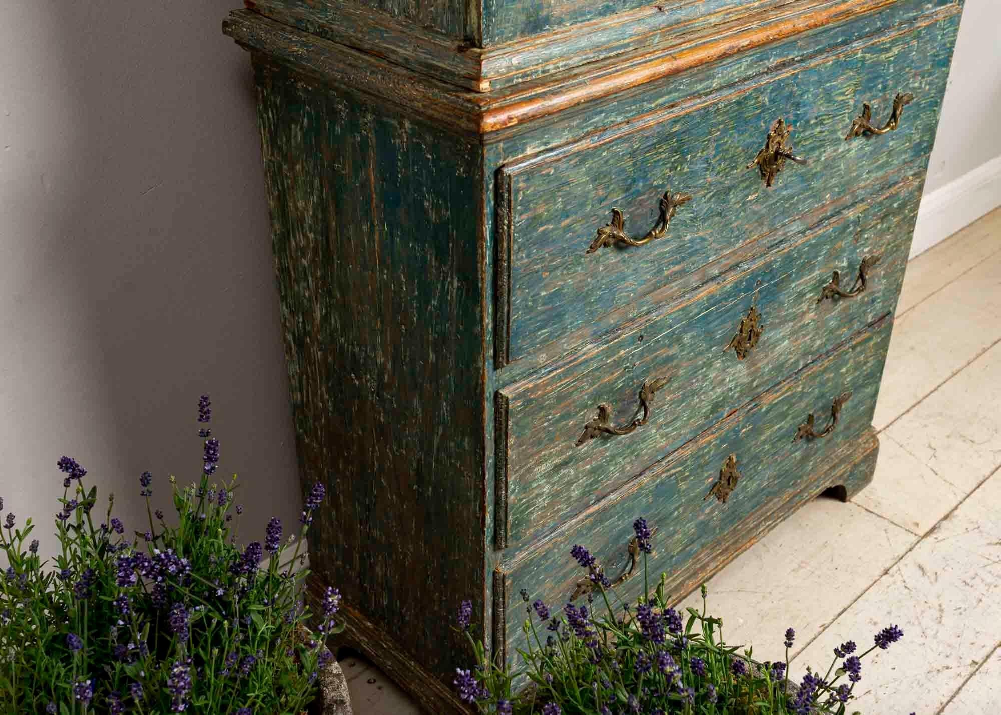 Late 18th Century Swedish Armoire Cupboard Original Turquoise Paint Brass Detail 3