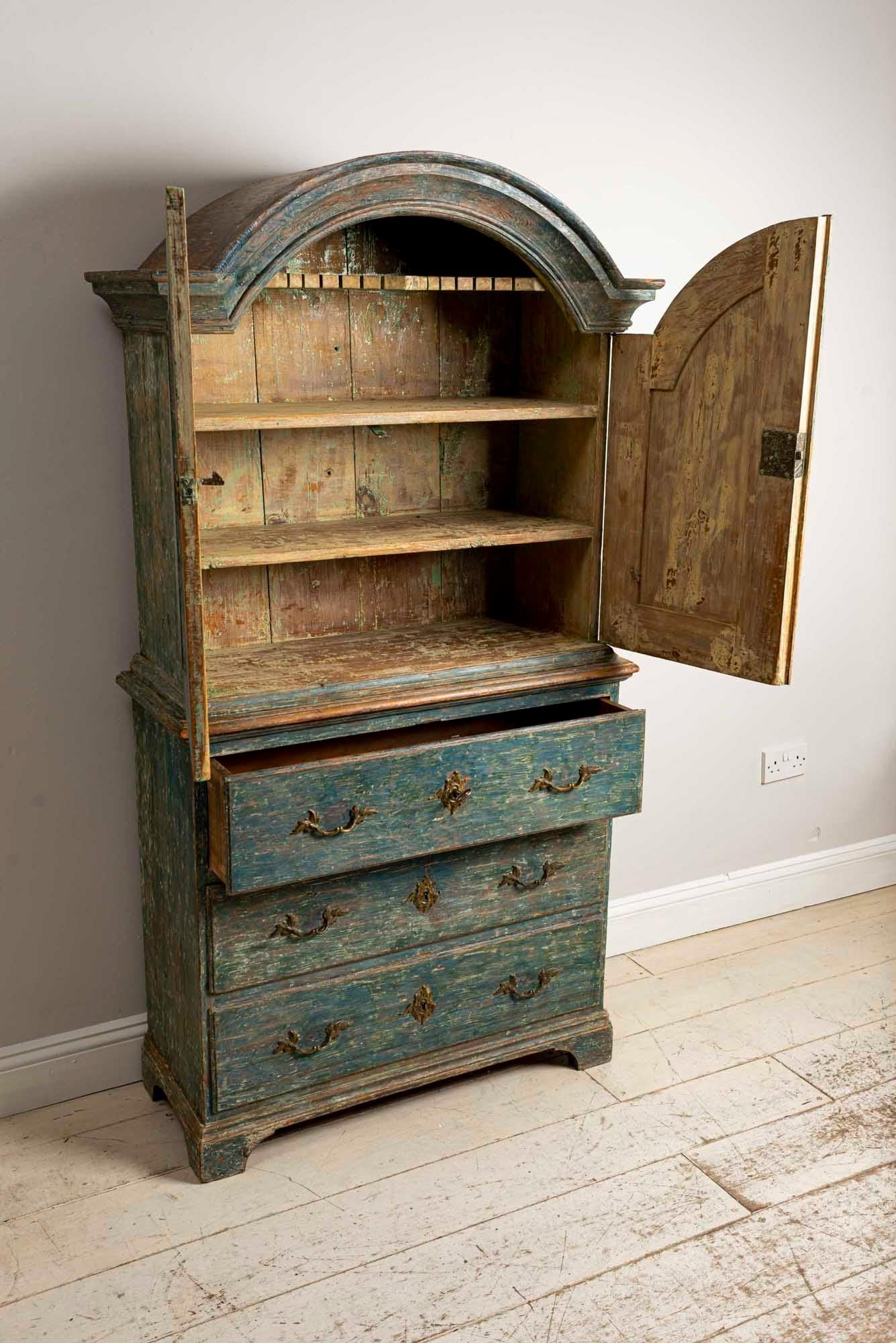 Hand-Painted Late 18th Century Swedish Armoire Cupboard Original Turquoise Paint Brass Detail