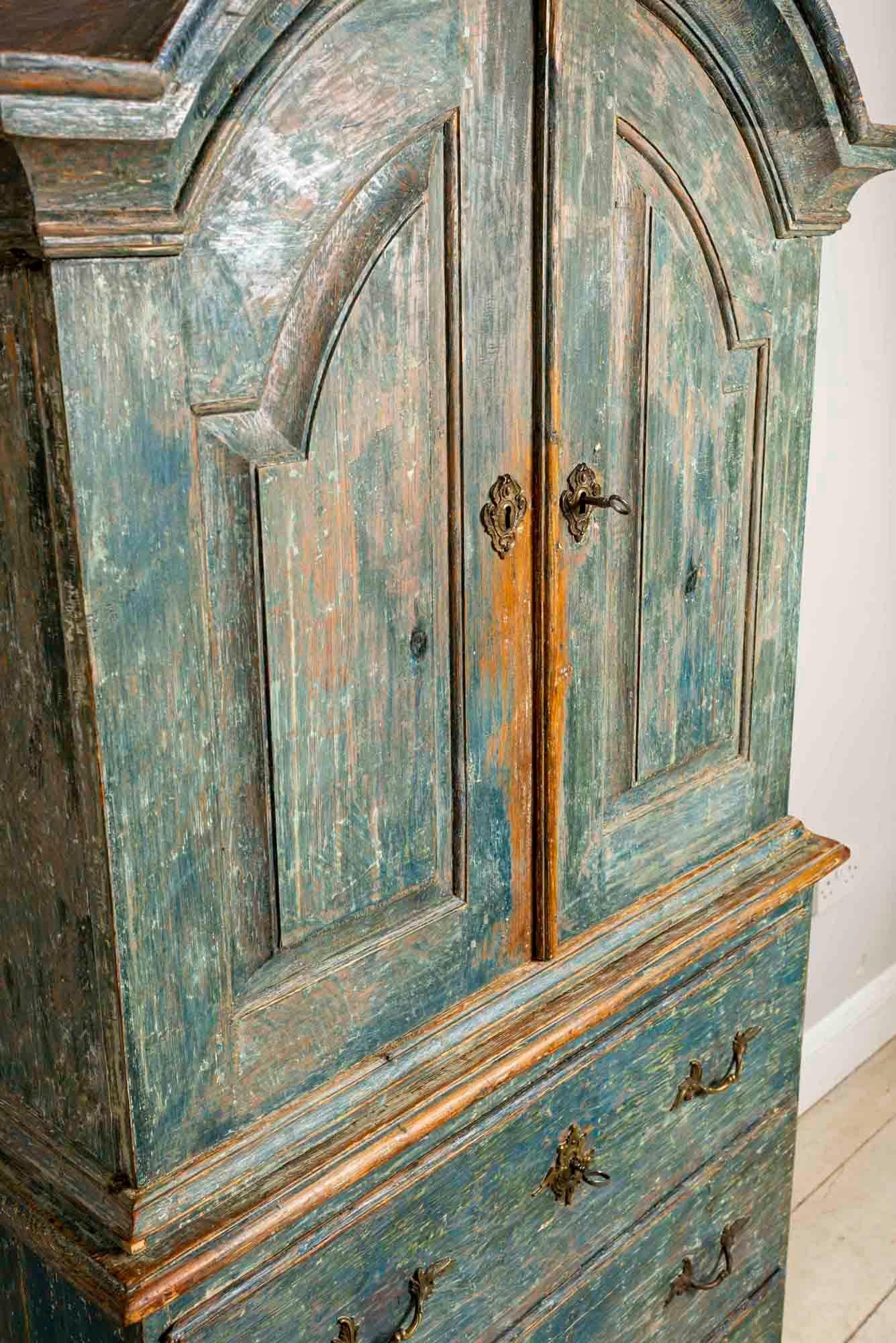 Late 18th Century Swedish Armoire Cupboard Original Turquoise Paint Brass Detail In Good Condition In London, GB