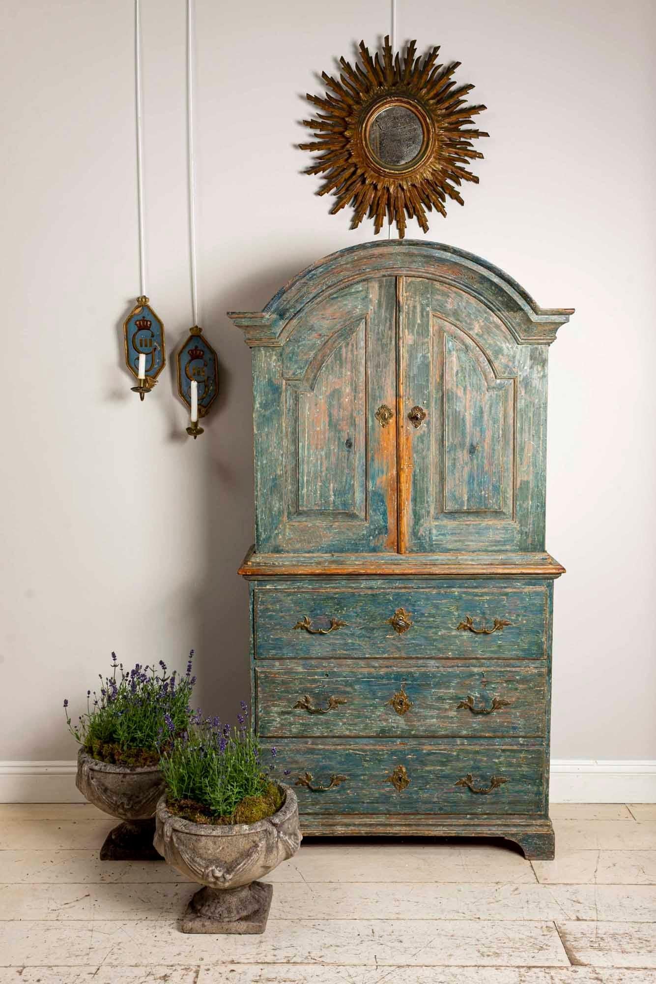 18th Century and Earlier Late 18th Century Swedish Armoire Cupboard Original Turquoise Paint Brass Detail