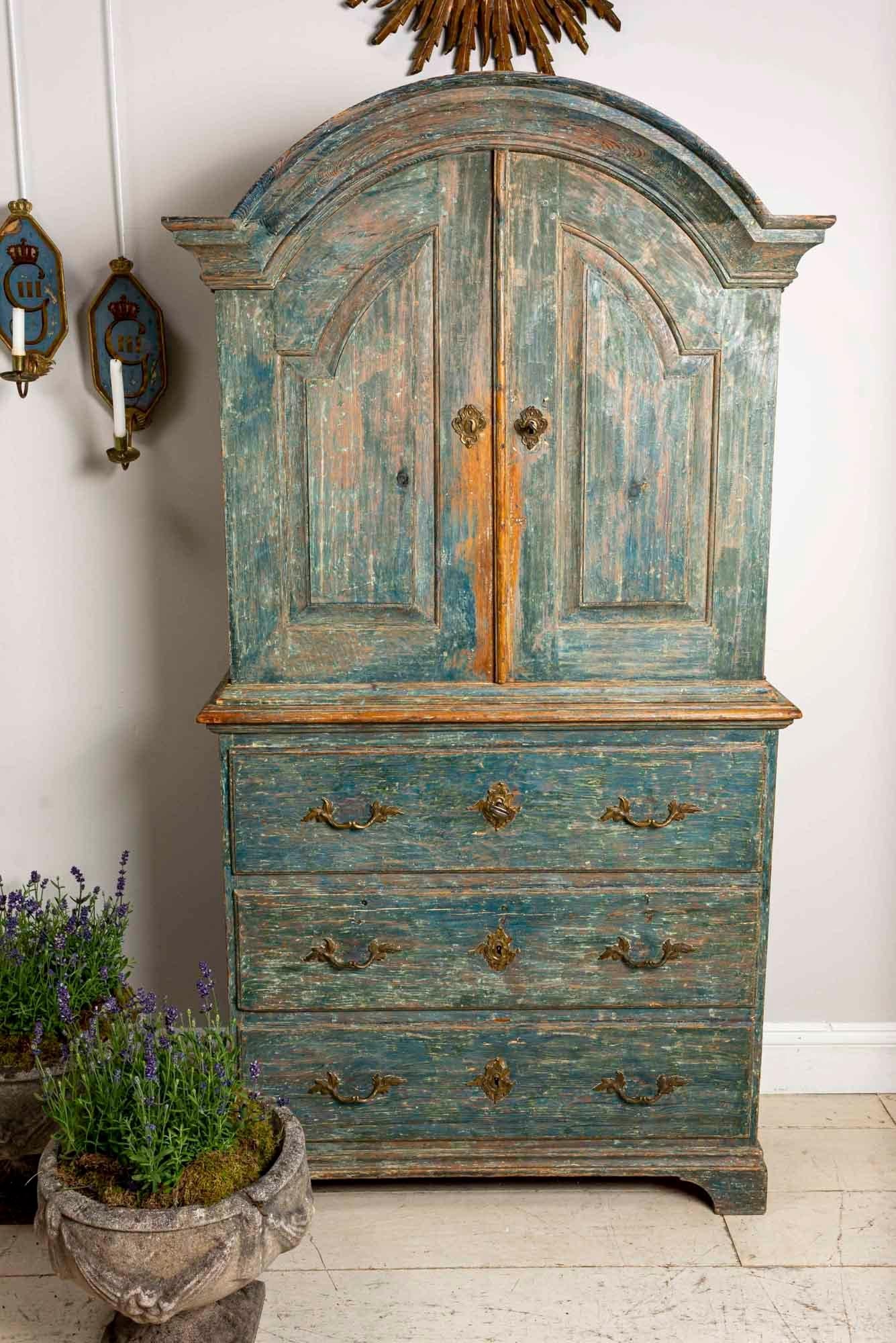 Wood Late 18th Century Swedish Armoire Cupboard Original Turquoise Paint Brass Detail