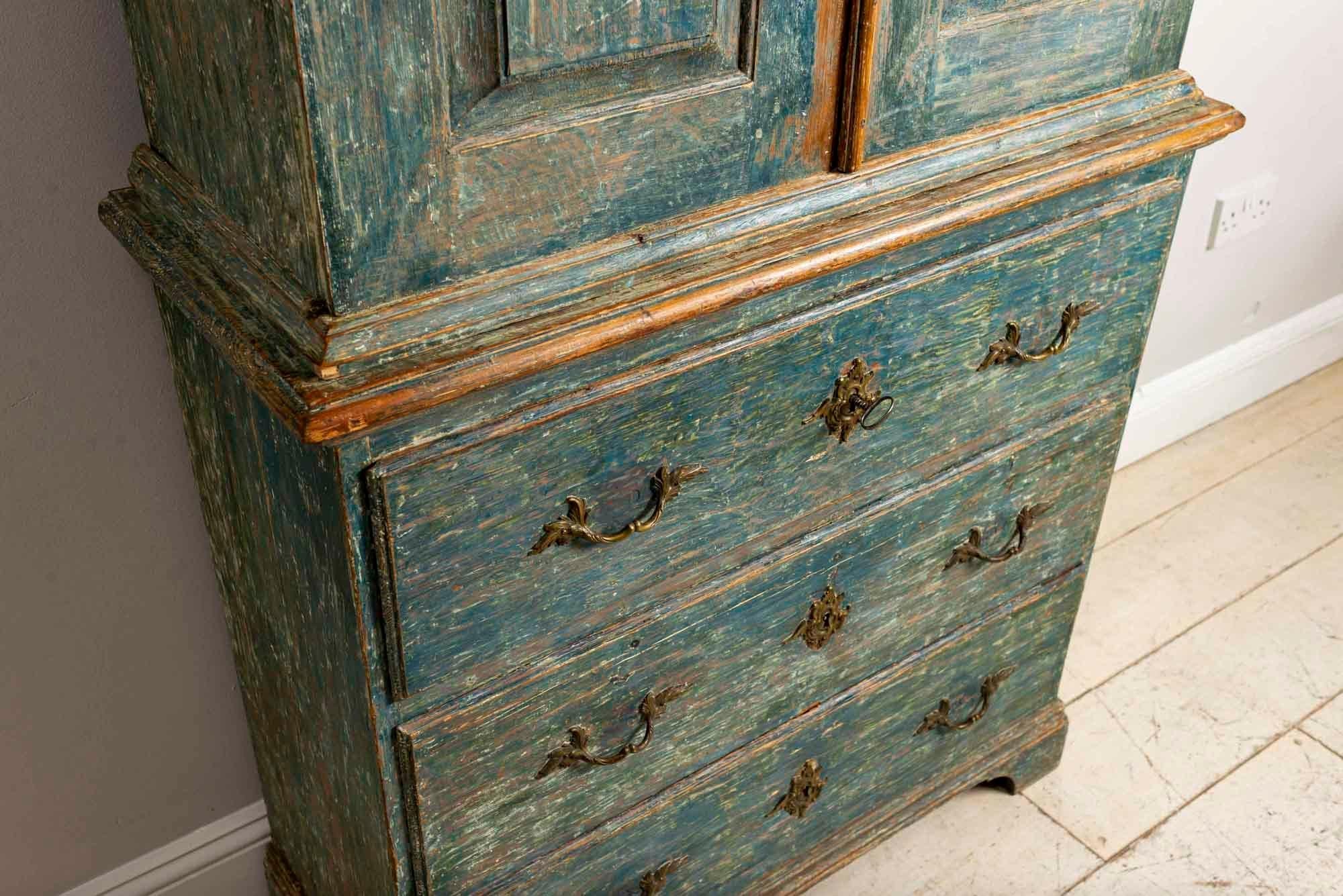 Late 18th Century Swedish Armoire Cupboard Original Turquoise Paint Brass Detail 1