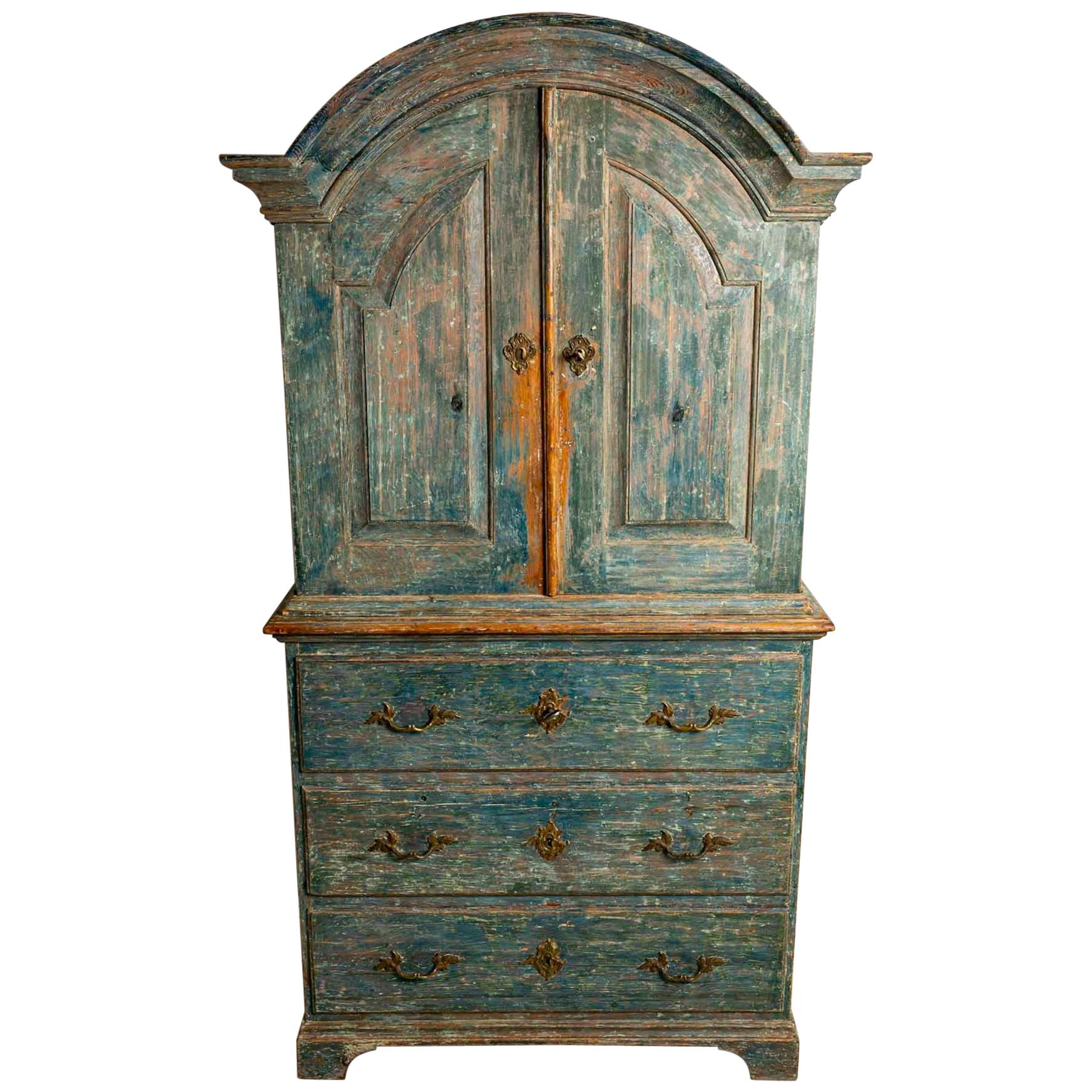 Late 18th Century Swedish Armoire Cupboard Original Turquoise Paint Brass Detail