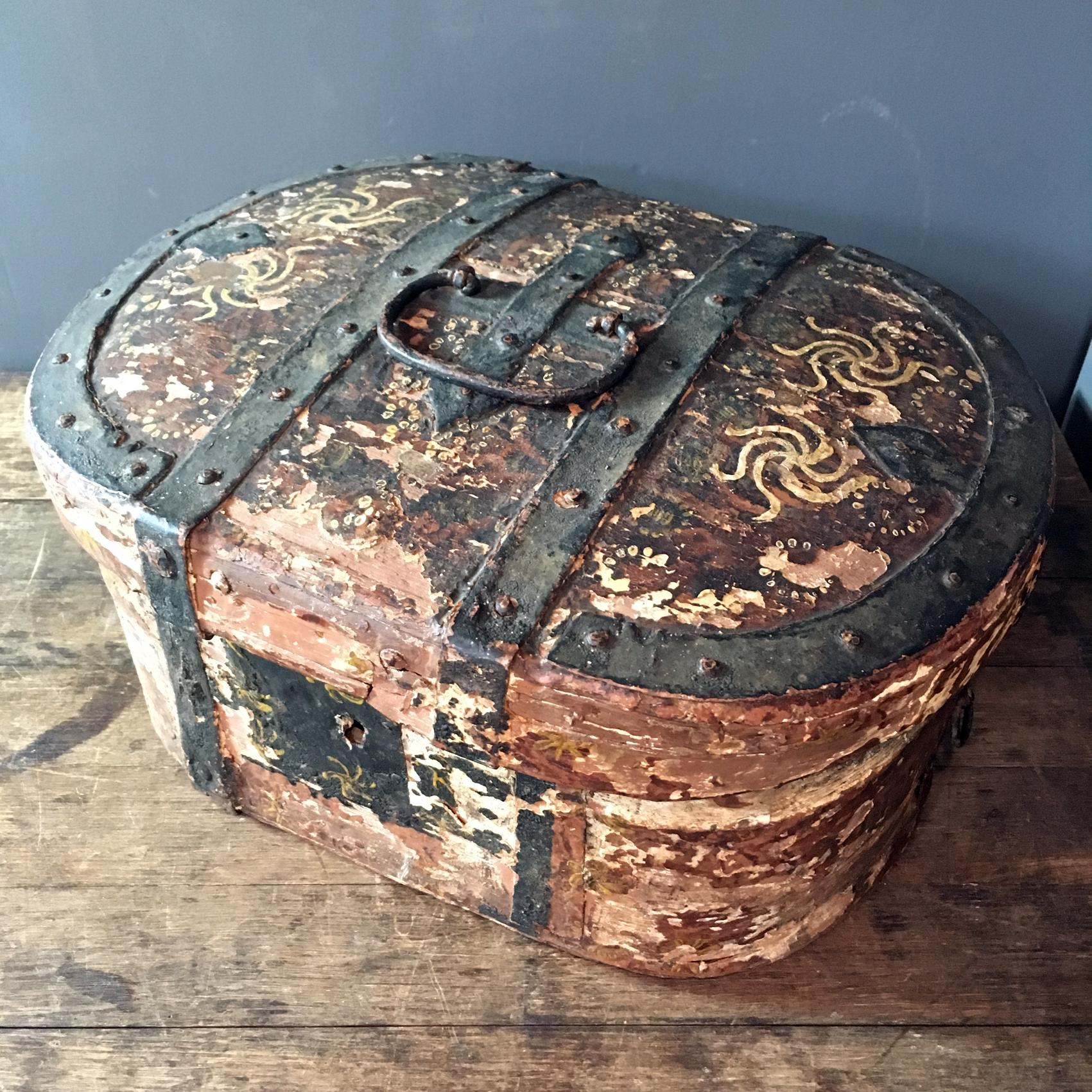 Late 18th century Swedish bridal box
Originally for bridal trinkets and finery, keepsakes and gifts
Beautiful aged box with hinged lid
All original metal strap work and handles
This is a very old item so age related wear and use can be seen
The