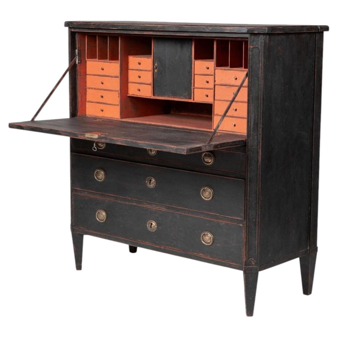 Late 18th Century Swedish Gustavian Secretary with Fall-Front, Black and Coral For Sale