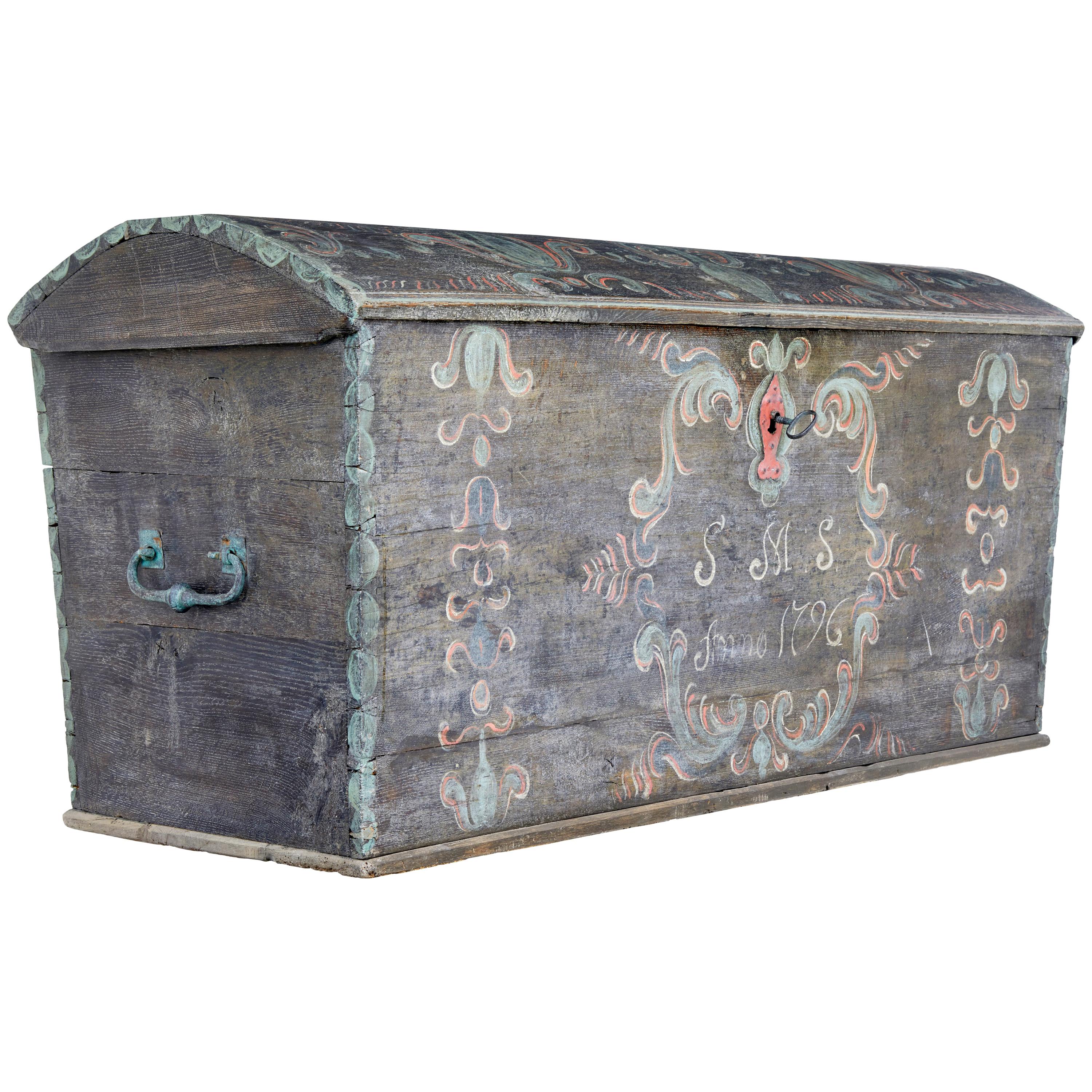 Late 18th Century Swedish Oak and Hand Painted Dome Top Trunk