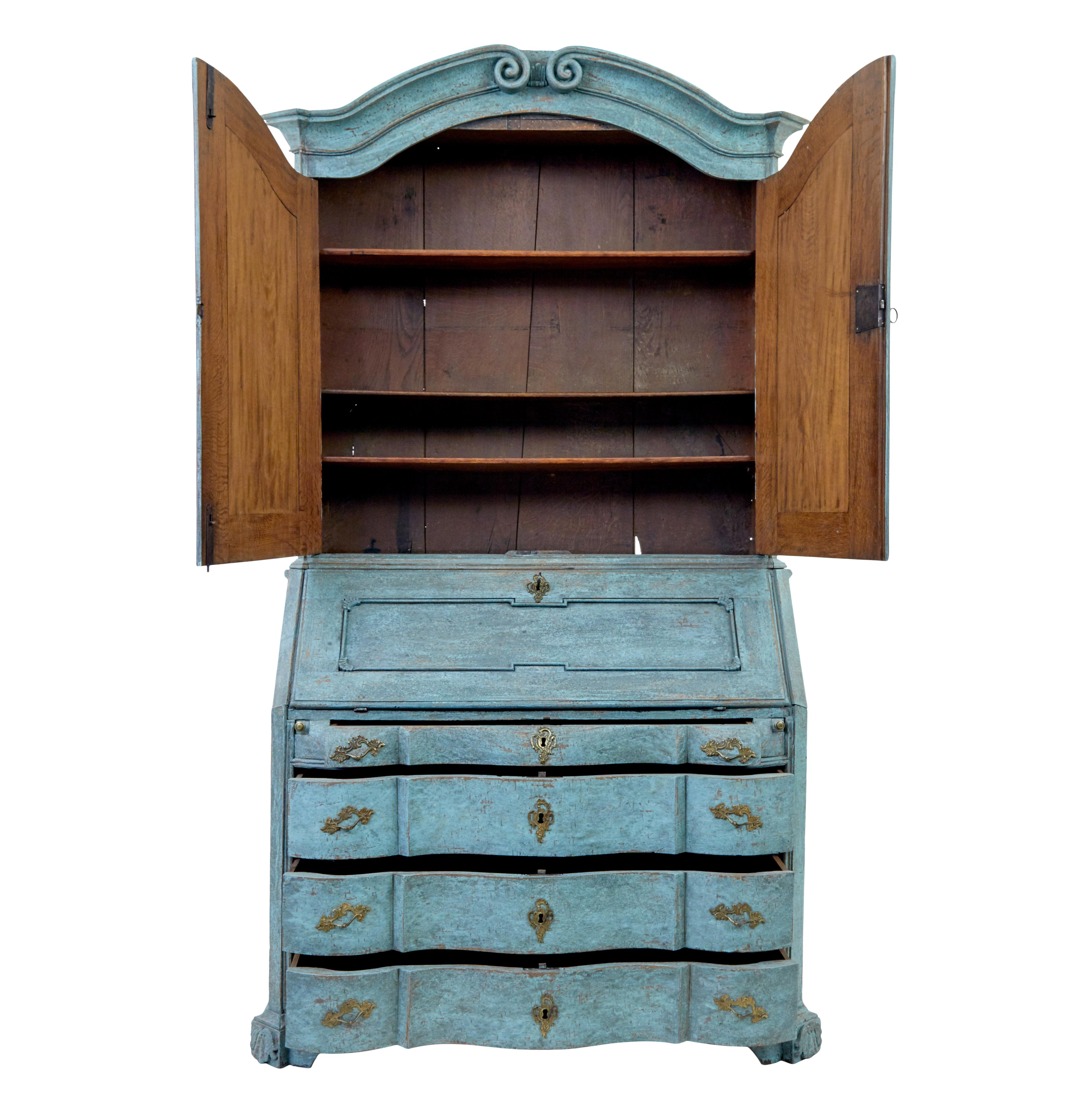 Carved Late 18th century Swedish oak painted bureau bookcase For Sale