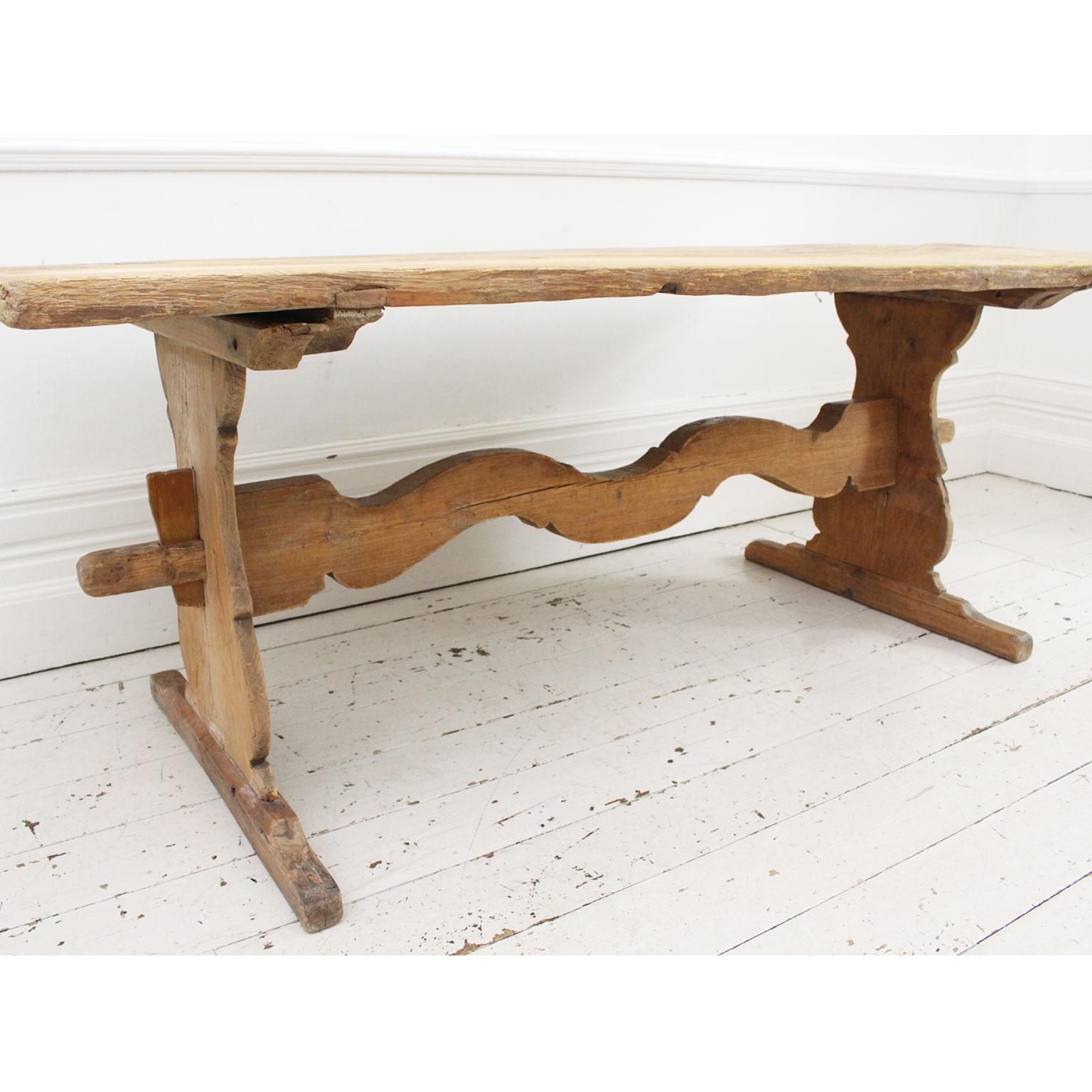 Gustavian Late 18th Century Swedish Pine Trestle Dining Table with Shaped Rail