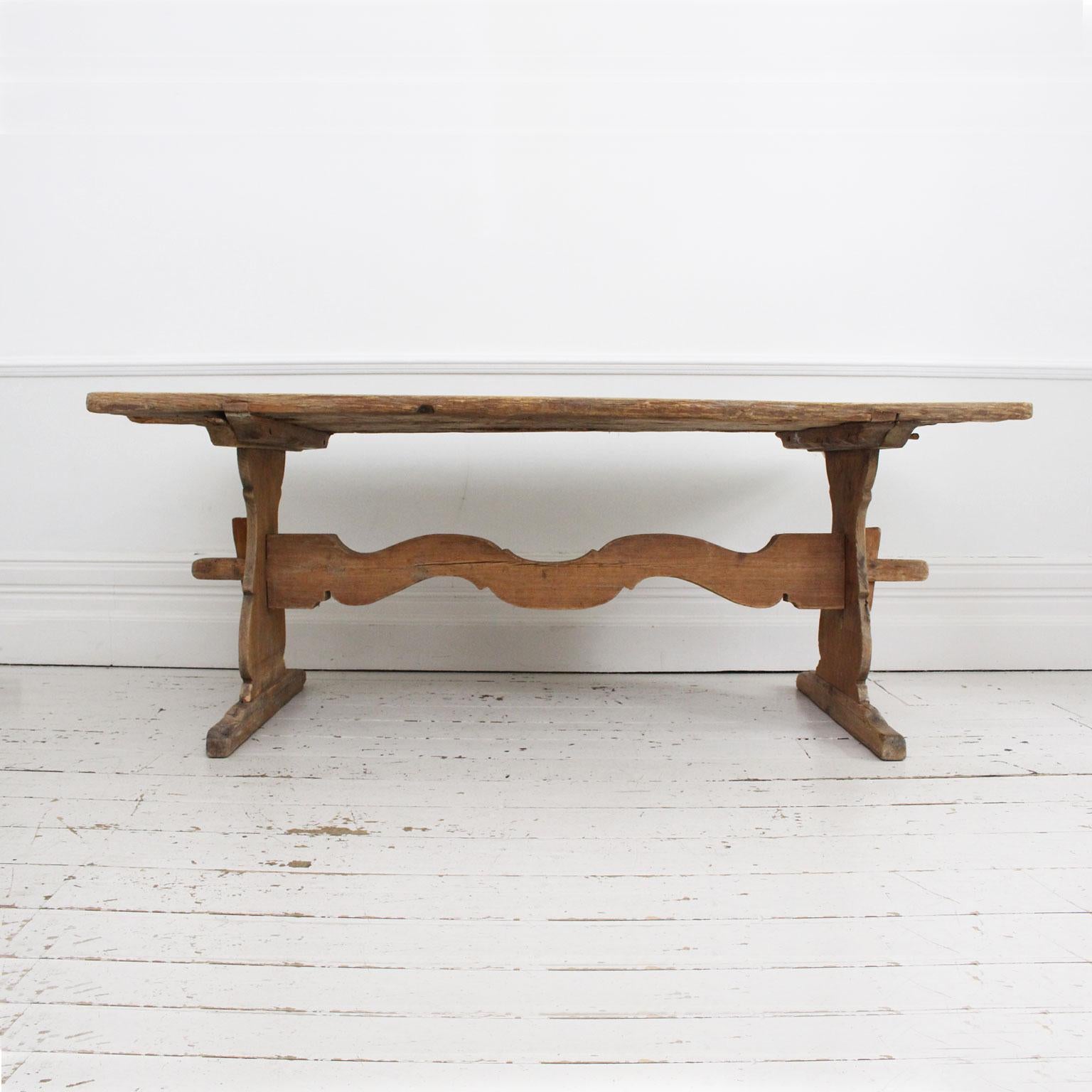 Late 18th Century Swedish Pine Trestle Dining Table with Shaped Rail 1