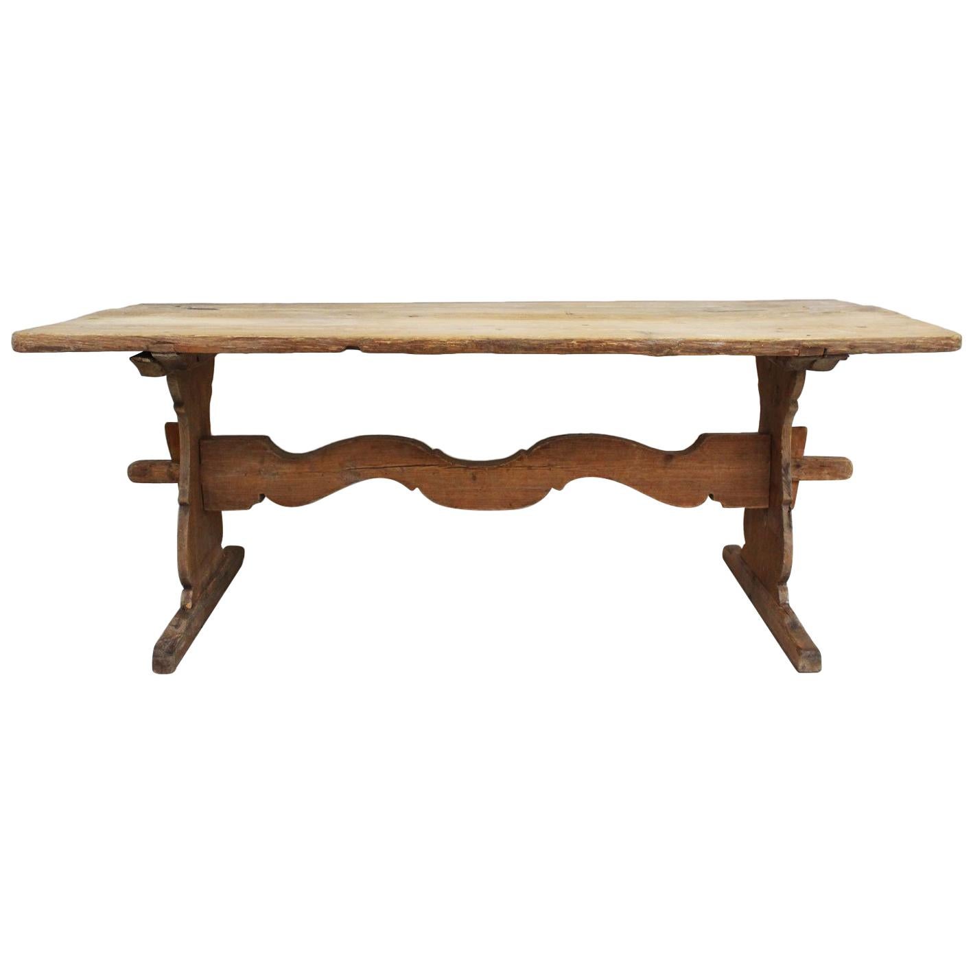 Late 18th Century Swedish Pine Trestle Dining Table with Shaped Rail