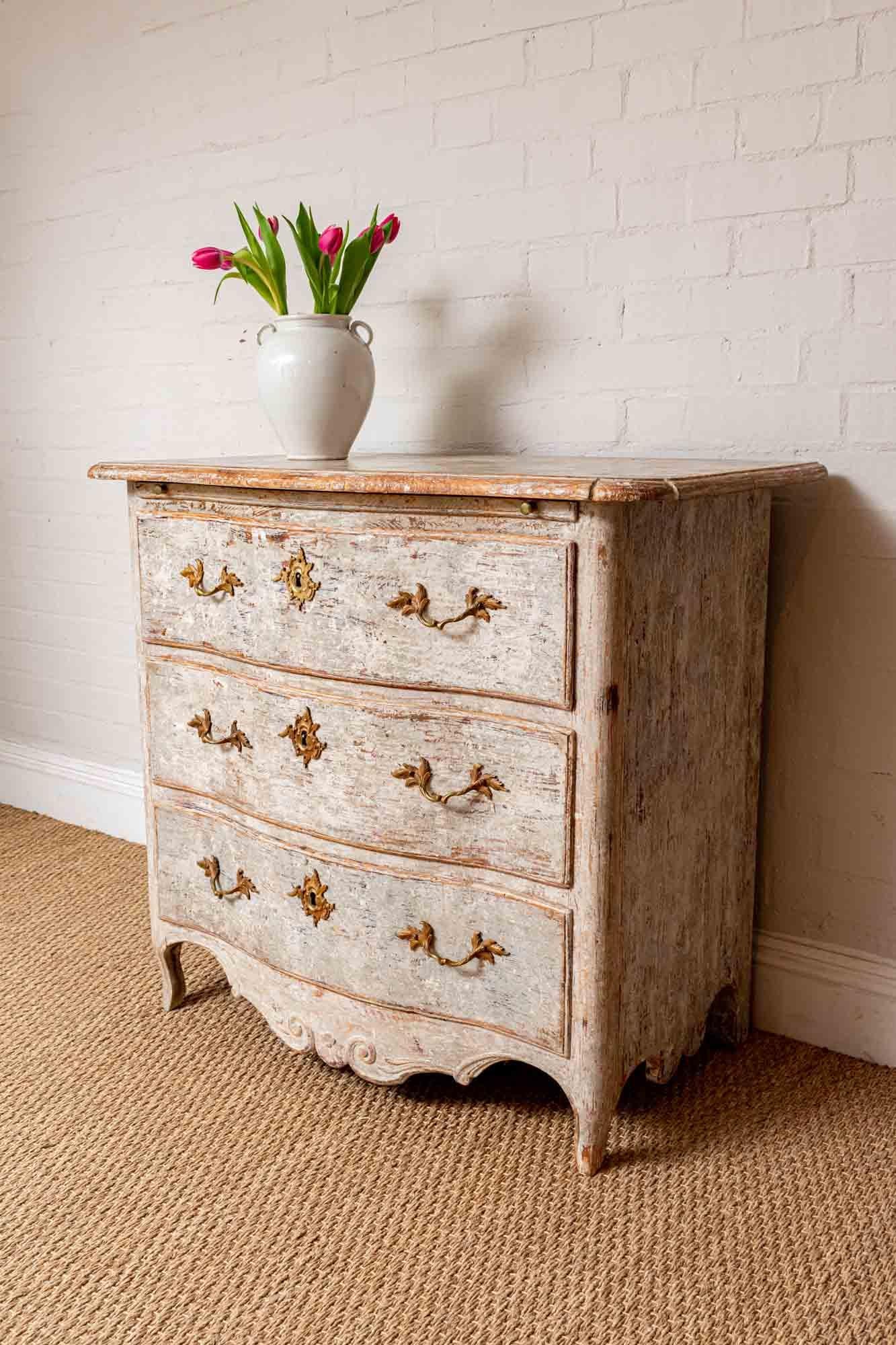 Gustavian Late 18th Century Swedish Three-Drawer Hand Painted Commode with Sliding Leaf