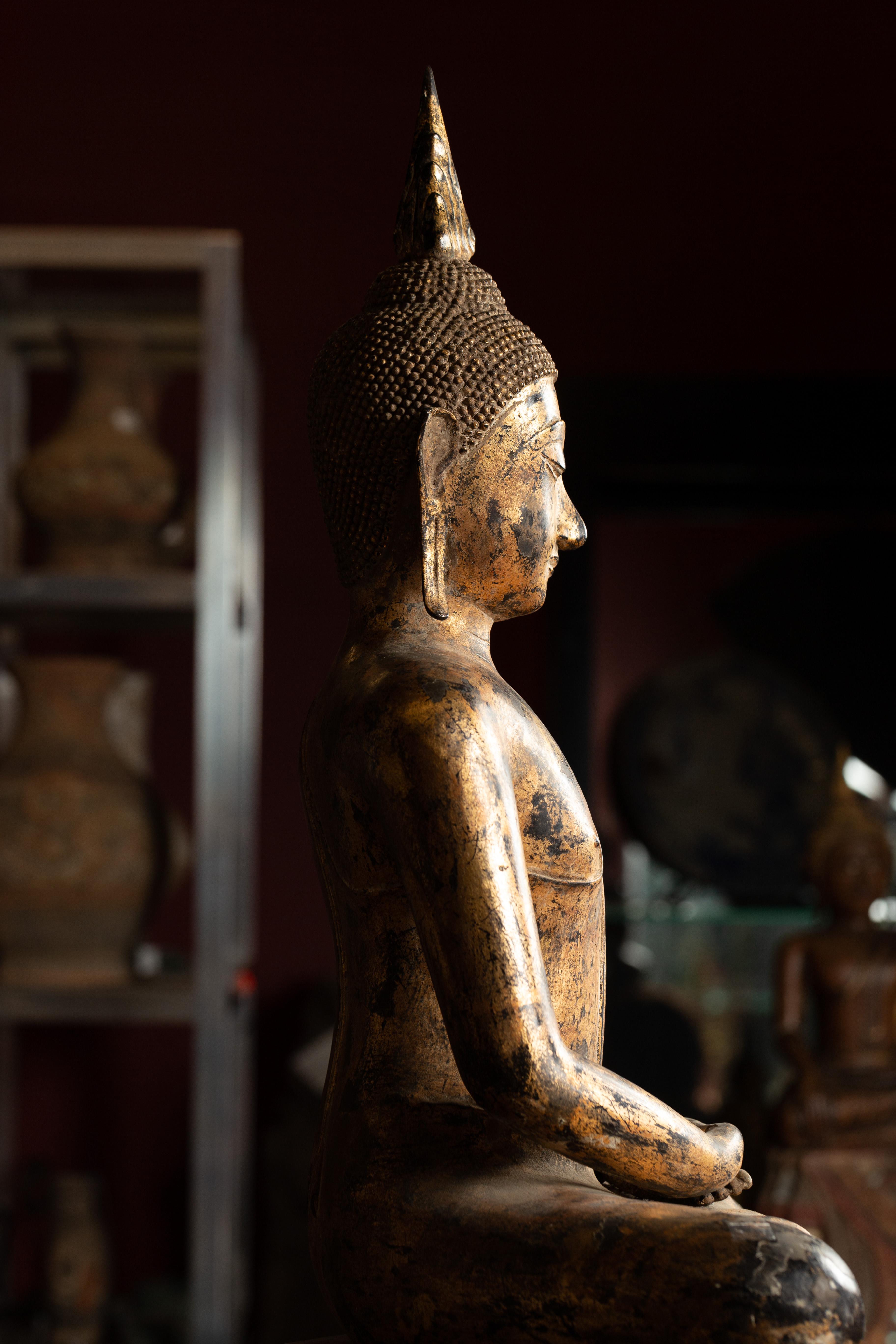 Late 18th Century Thai Gilt Bronze Meditative Seated Buddha Statue on Pedestal 4