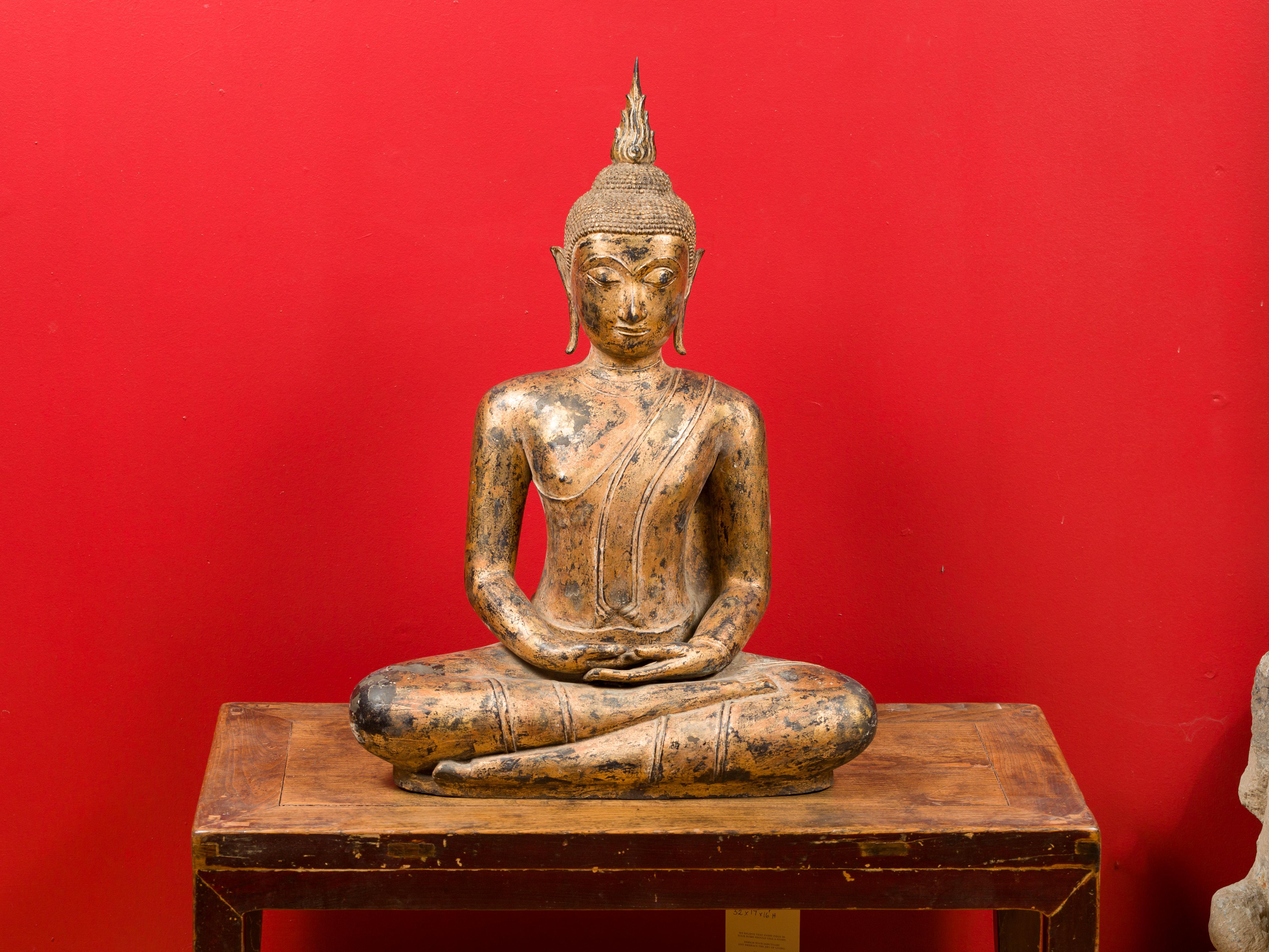 Late 18th Century Thai Gilt Bronze Meditative Seated Buddha Statue on Pedestal 9
