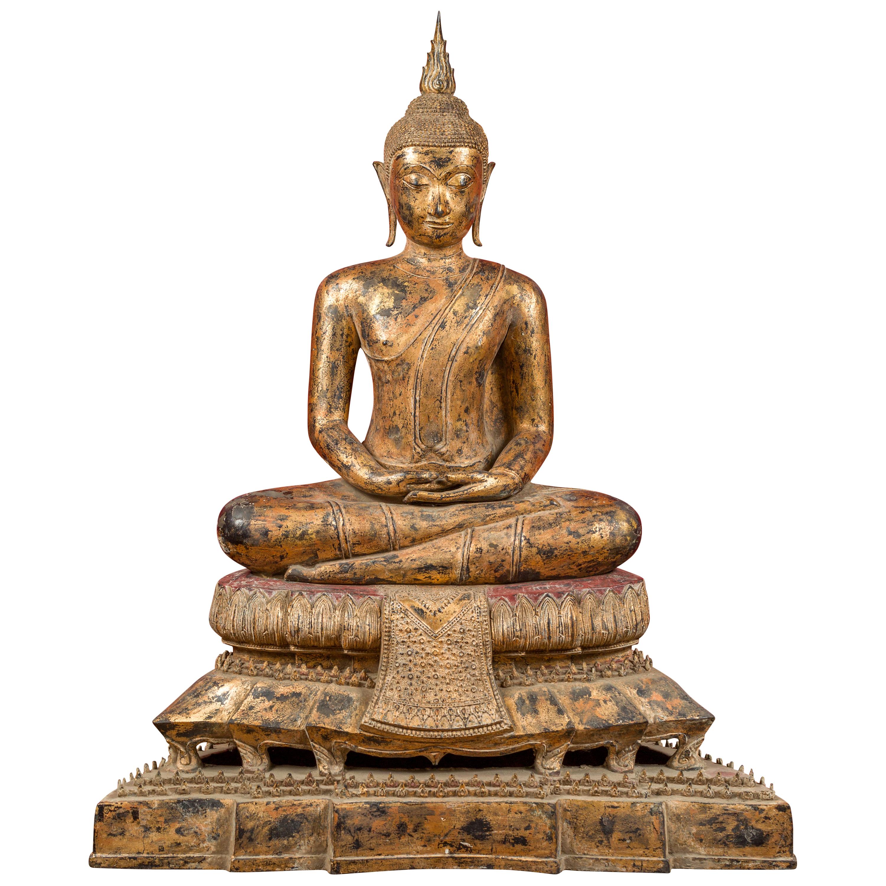 Late 18th Century Thai Gilt Bronze Meditative Seated Buddha Statue on Pedestal