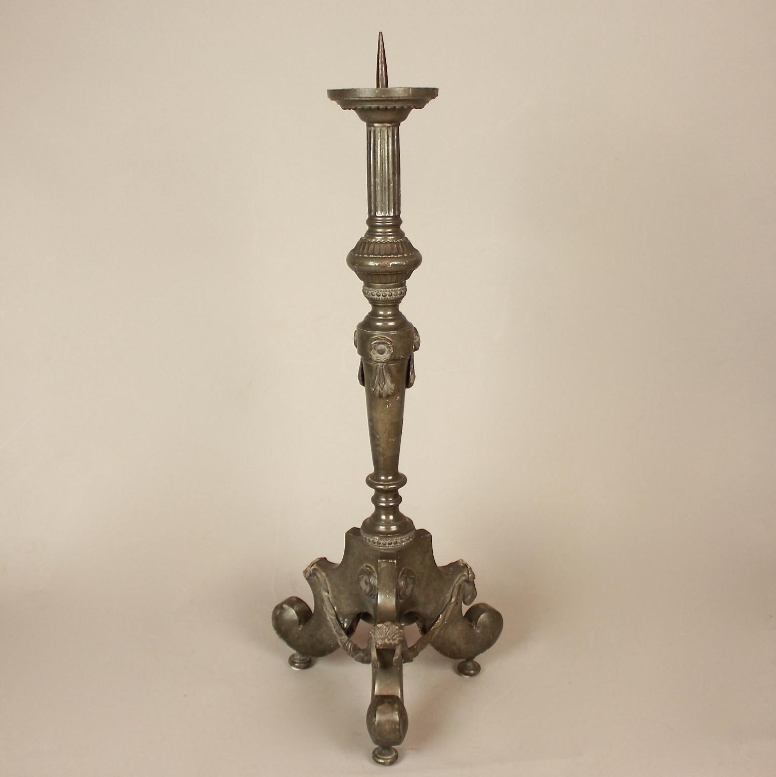 Late 18th Century French Louis XVI large Neoclassical Pewter Altar Candlestick For Sale 3