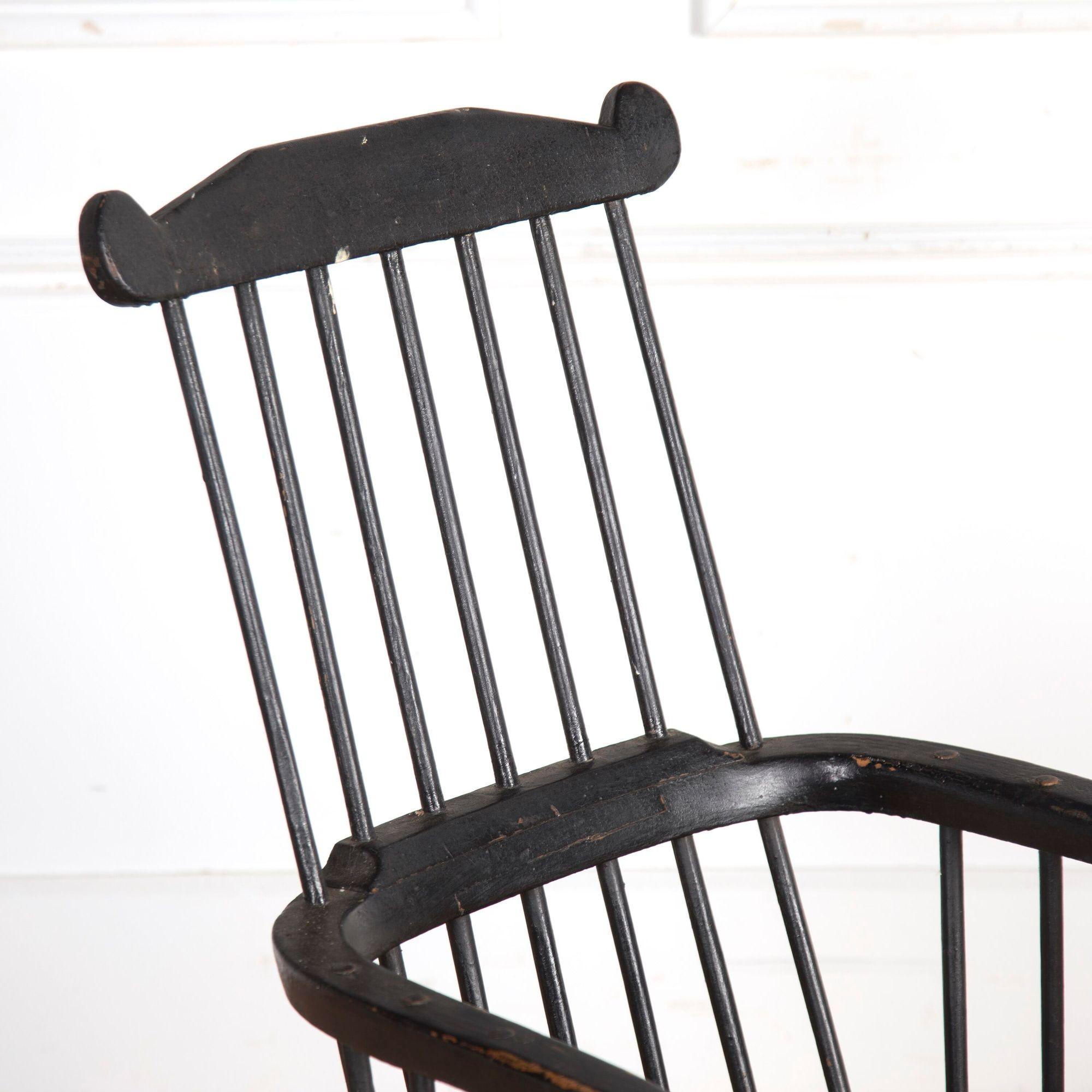 Late 18th Century Welsh comb-back stick chair from Cardiganshire.
This chair originates from the coastal town of Aberaeron in West Wales. With a wonderful time-worn black painted finish with good wear and patina.
Circa 1800.