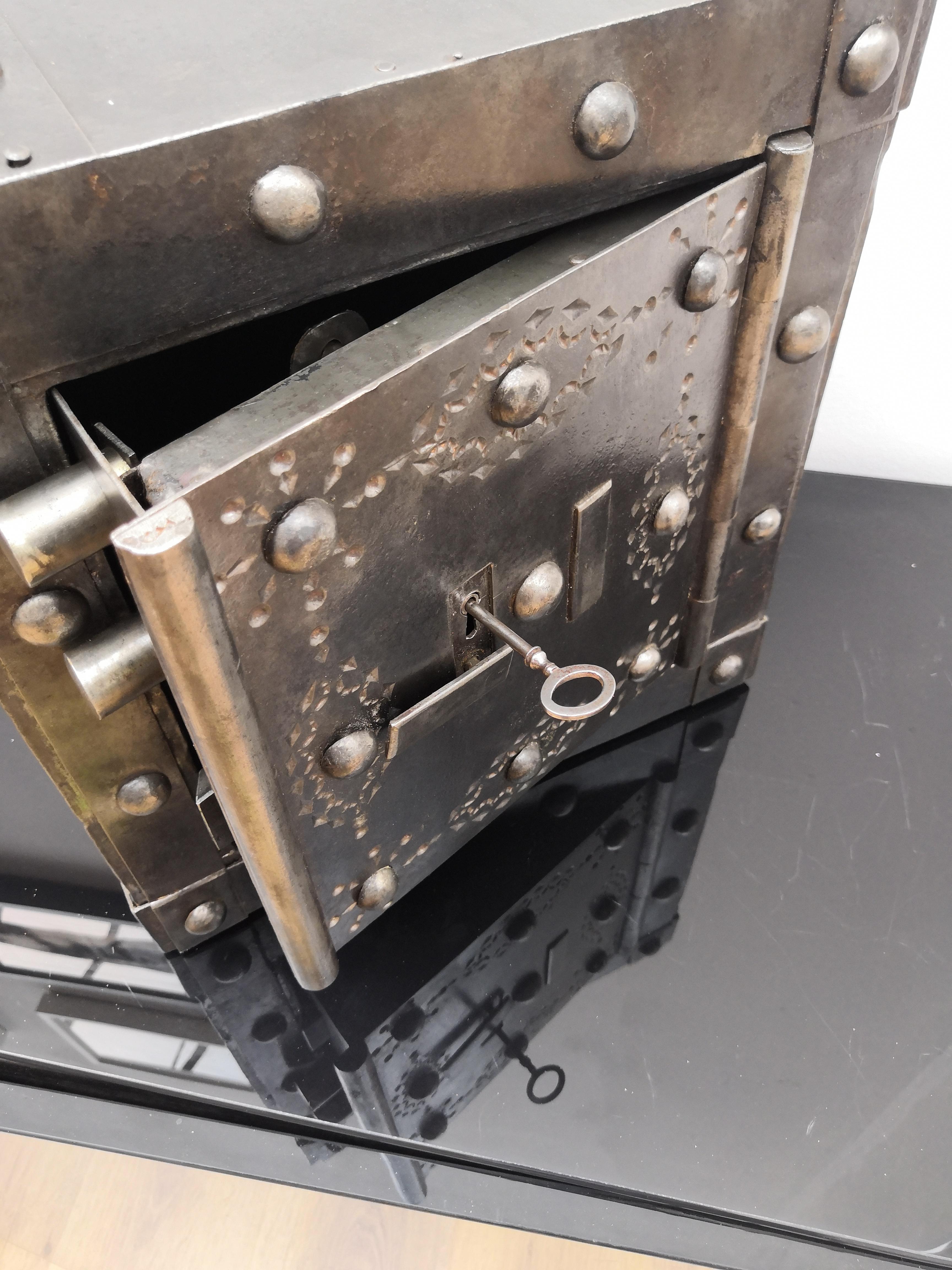 Industrial Late 18th Century Wrought Iron Italian Antique Hobnail Studded Safe Strongbox