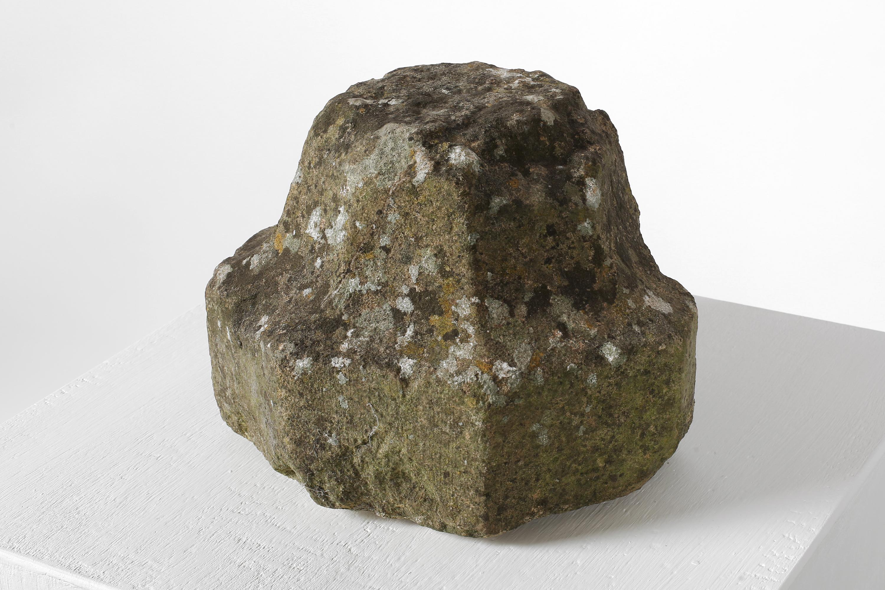 A late 18th century carved sandstone architectural fragment from a stonemason’s private collection in Yorkshire. Carved from local Yorkstone and heavily patinated with lichen and moss growth. Likely once the base of a decorative column or supporting