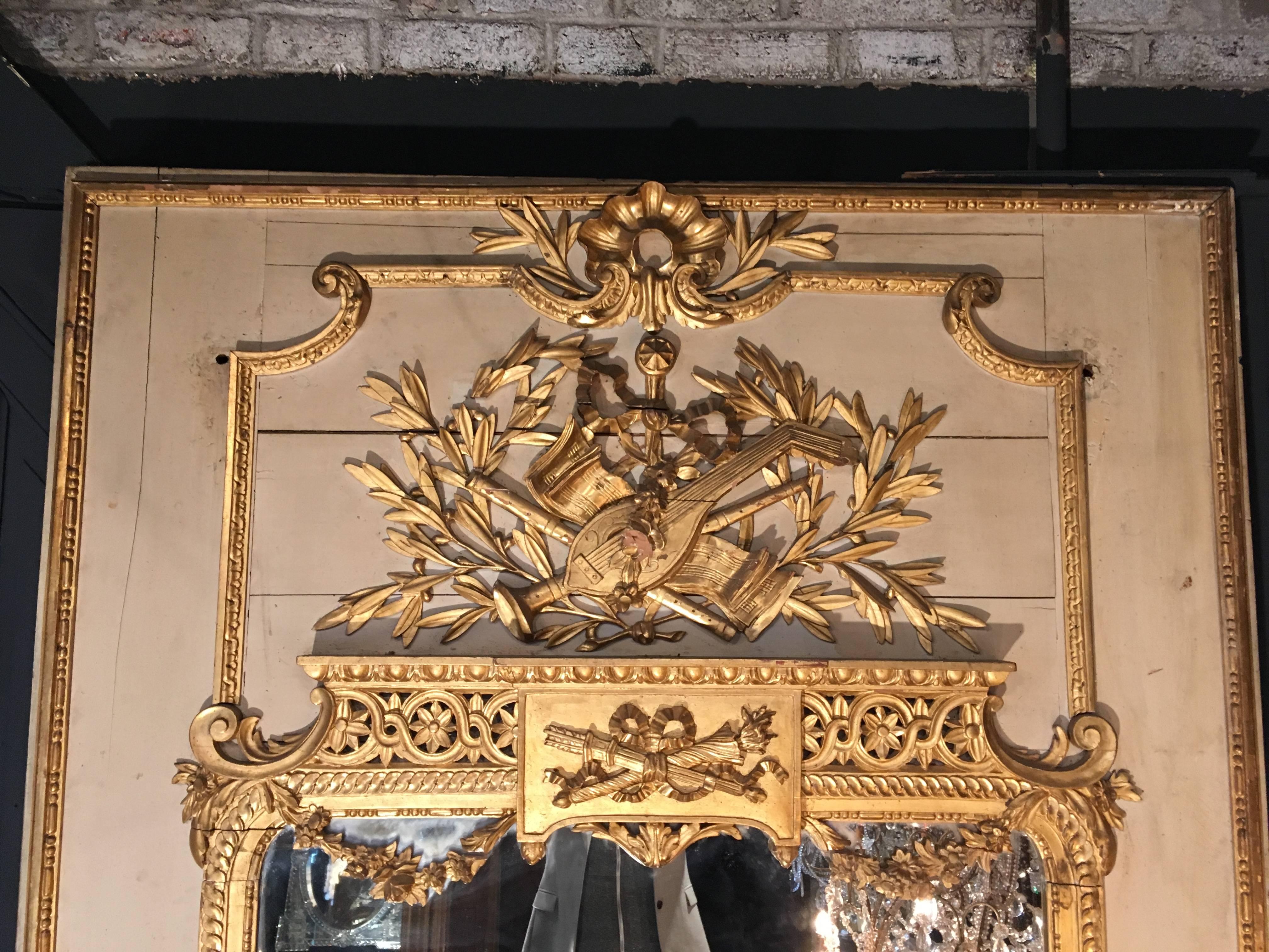 French Late 18th Century Louis XVI, Trumeau Carved & Gilded Ancient Mirror, Pierglass For Sale