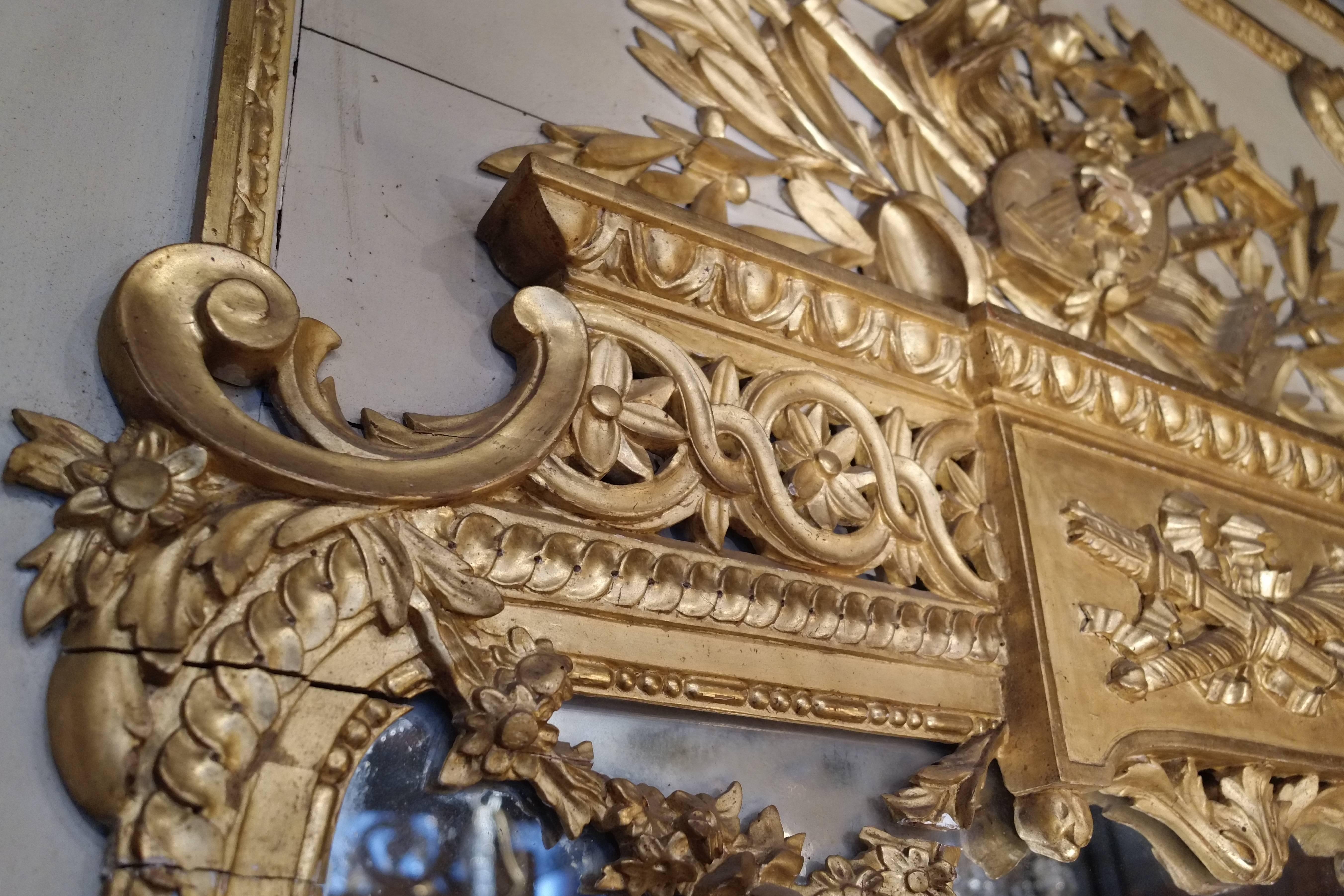 Hand-Carved Late 18th Century Louis XVI, Trumeau Carved & Gilded Ancient Mirror, Pierglass For Sale