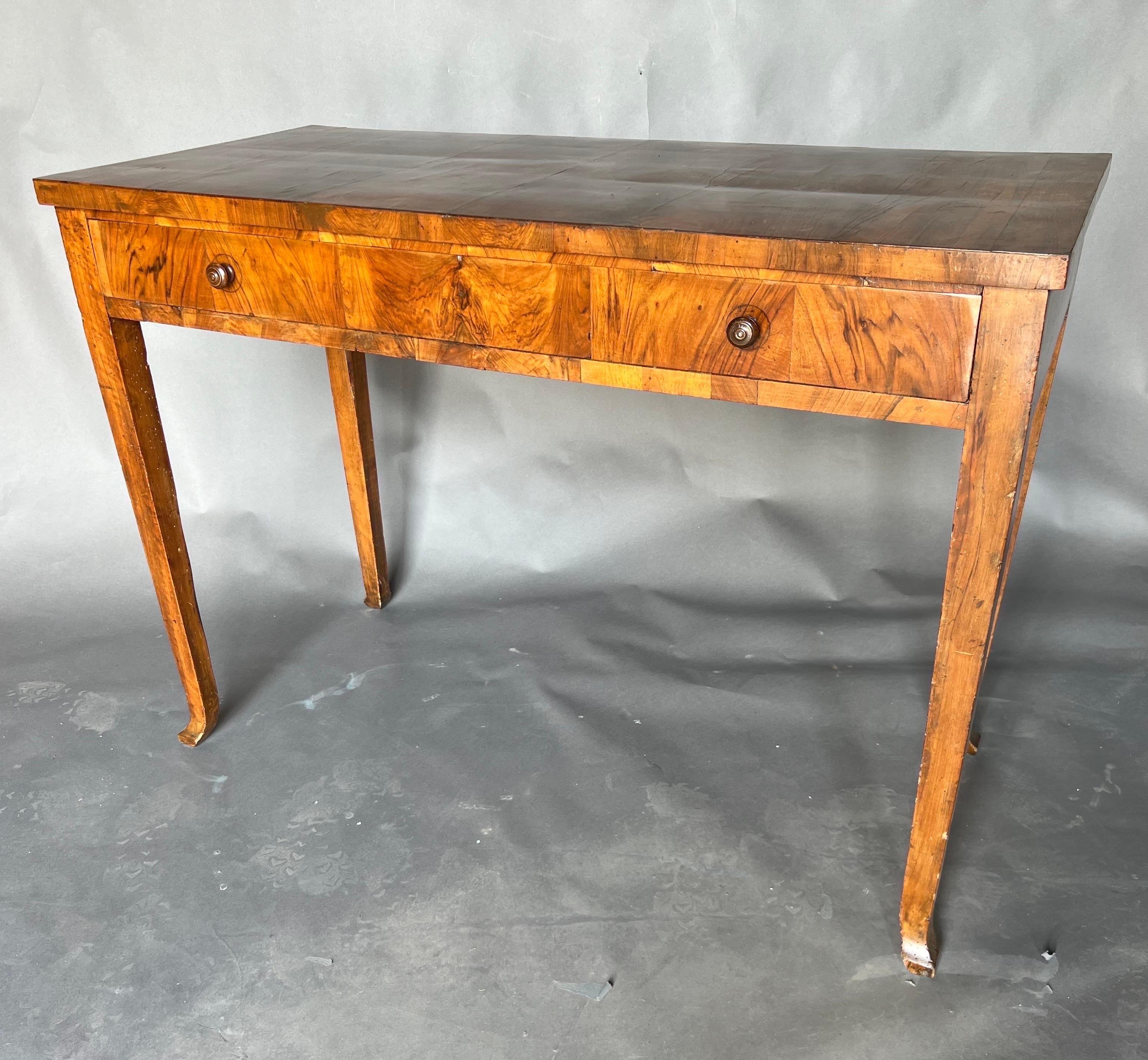 Gorgeous late 18th- early 19th century Biedermeier single drawer console with tapered legs. Nice scale and height. Could be used as a pier table or huntboard. 