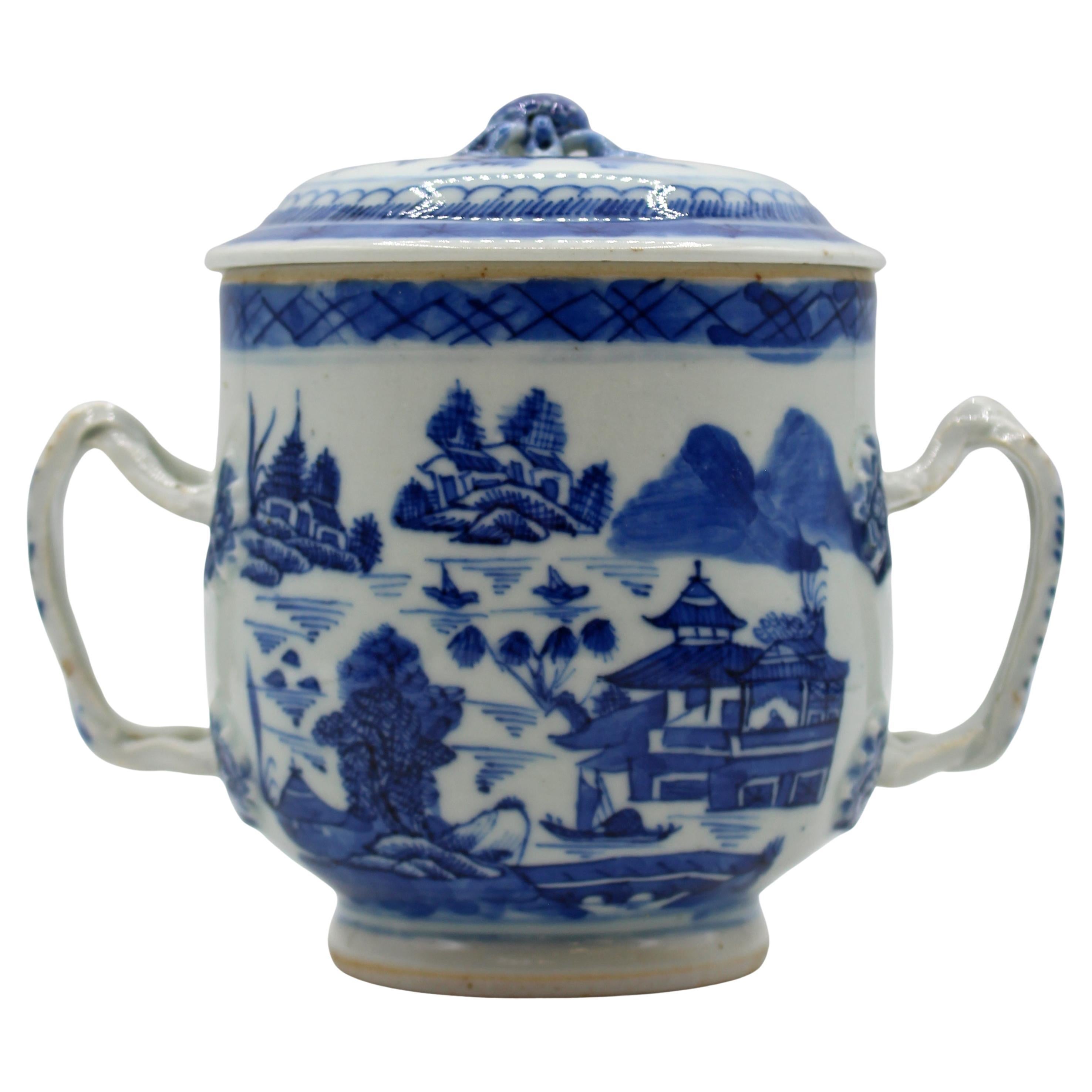 Late 18th-Early 19th Century Blue Canton Chinese Export Covered Posset Pot