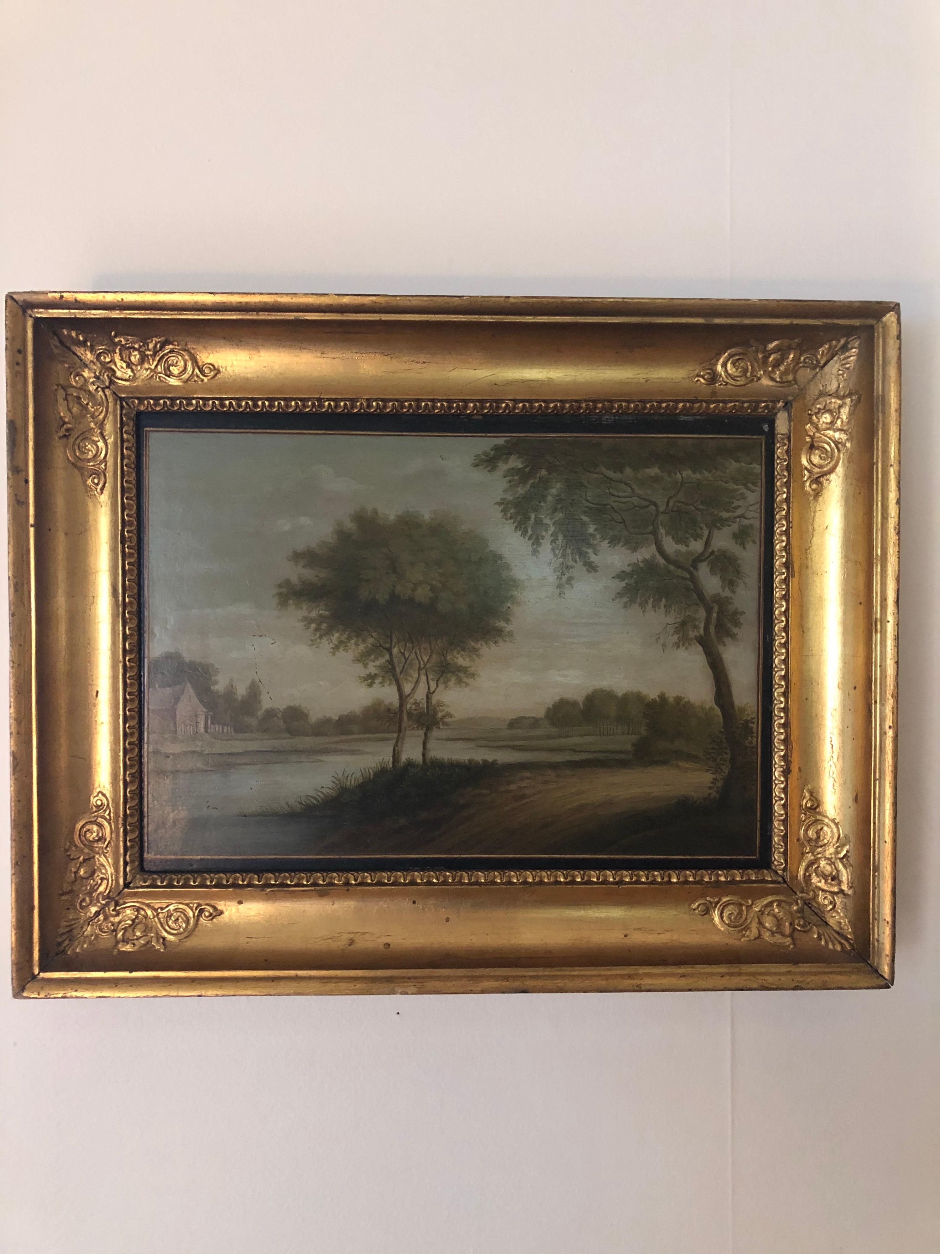 Exquisite petite late 18th century oil on board landscape, probably Danish, circa 1800.