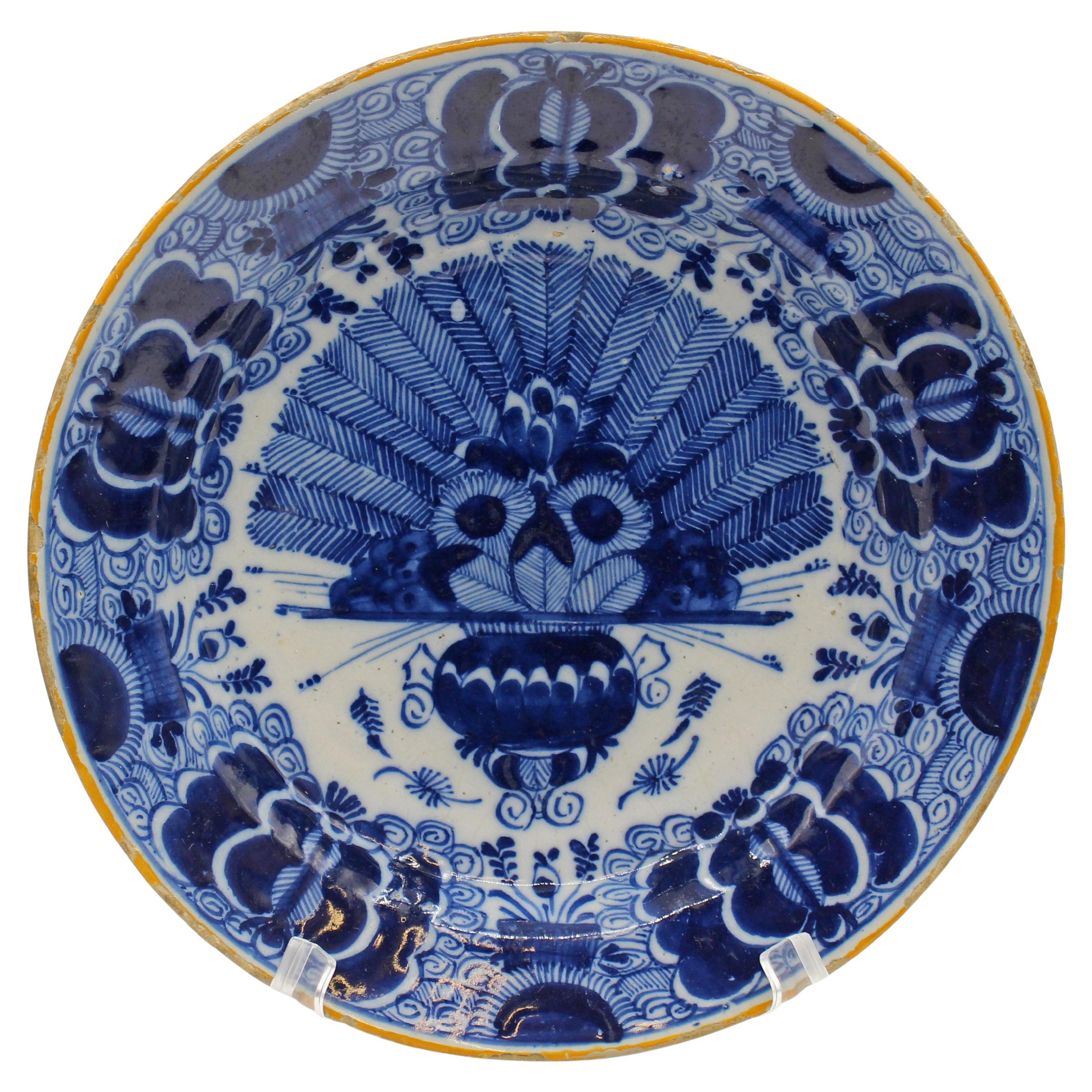 Late 18th-Early 19th Century Delft Blue and White Peacock Feather Plate