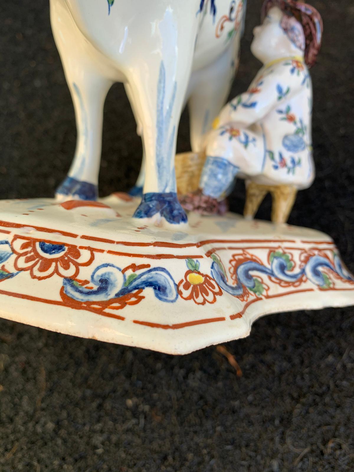 Late 18th-Early 19th Century Dutch Delft Polychrome Porcelain Cow Milking Group 9