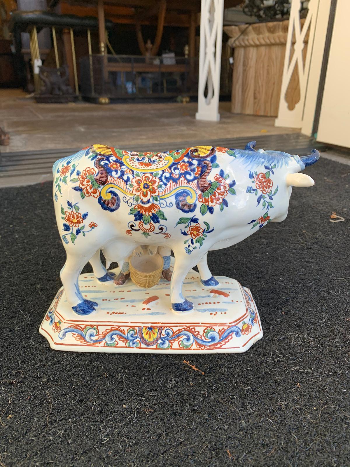 Late 18th-Early 19th Century Dutch Delft Polychrome Porcelain Cow Milking Group 1