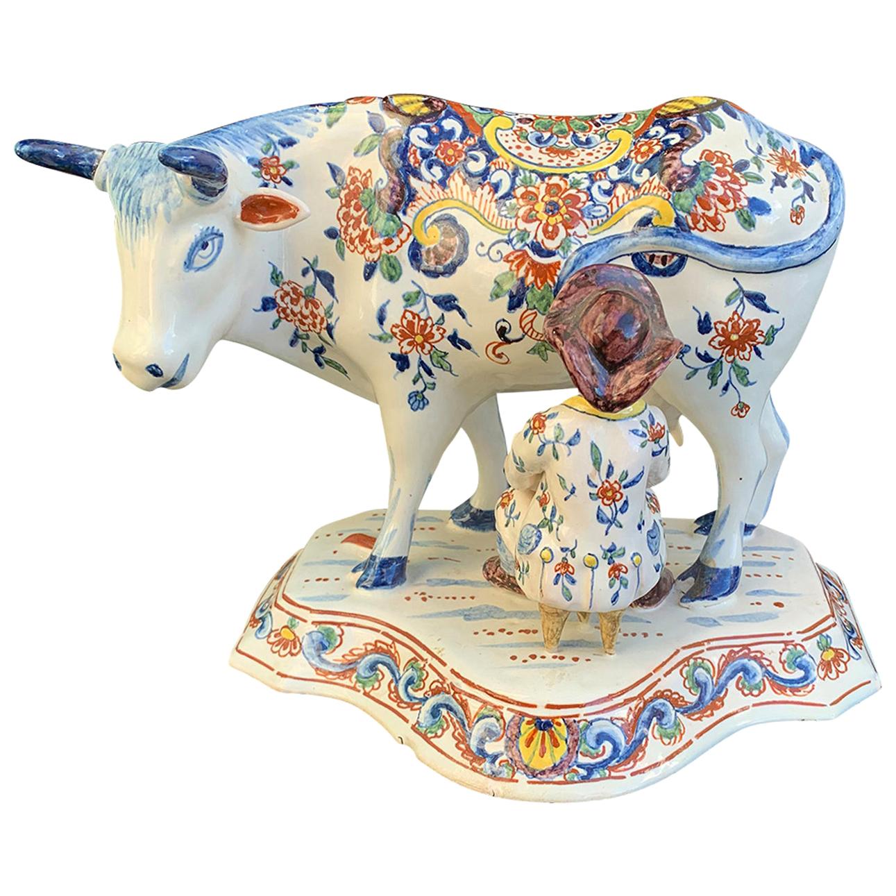 Late 18th-Early 19th Century Dutch Delft Polychrome Porcelain Cow Milking Group