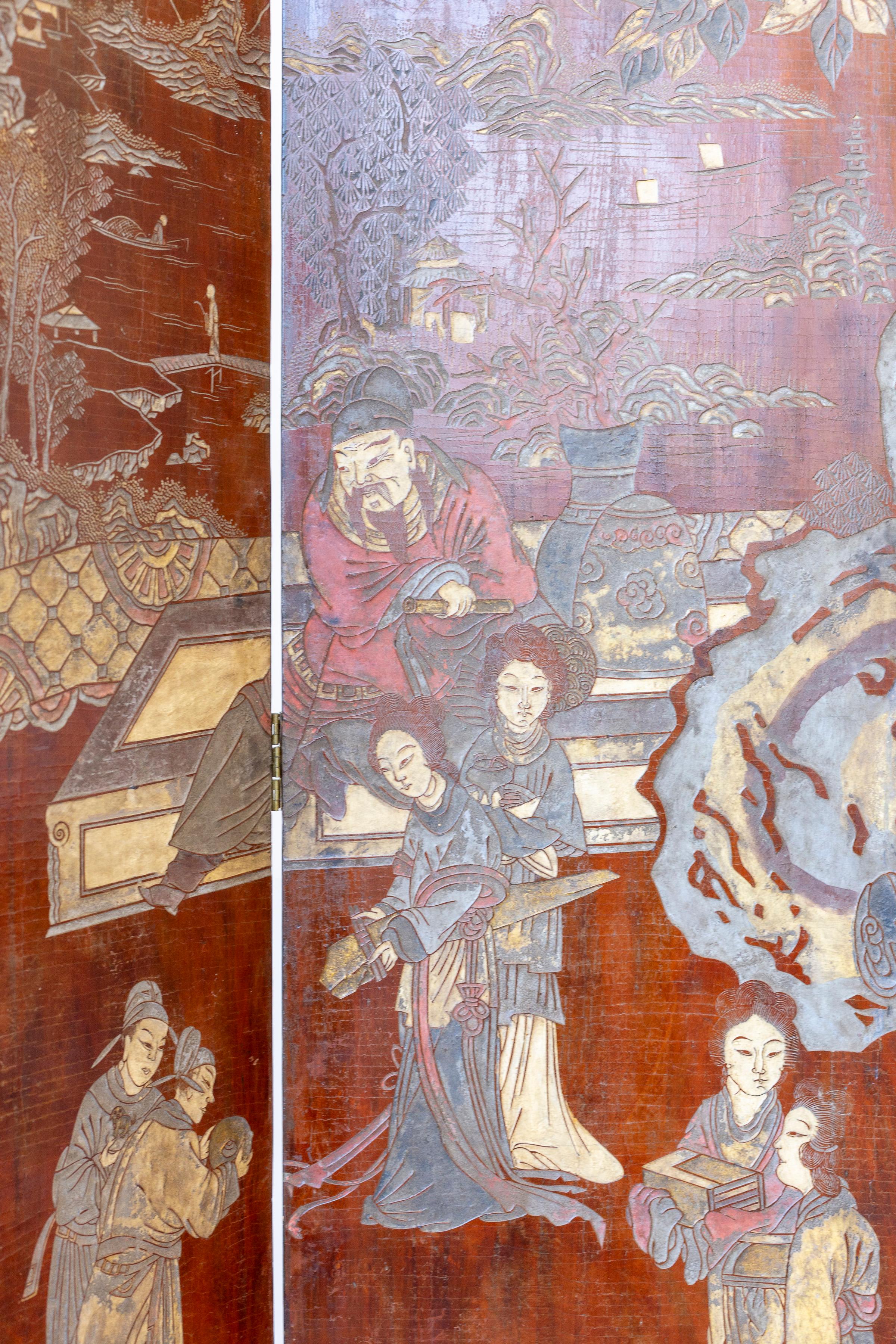 Fin du XVIIIe siècle/début du XIXe siècle Paravent à huit panneaux de Coromandel, avec inscription en vente 1