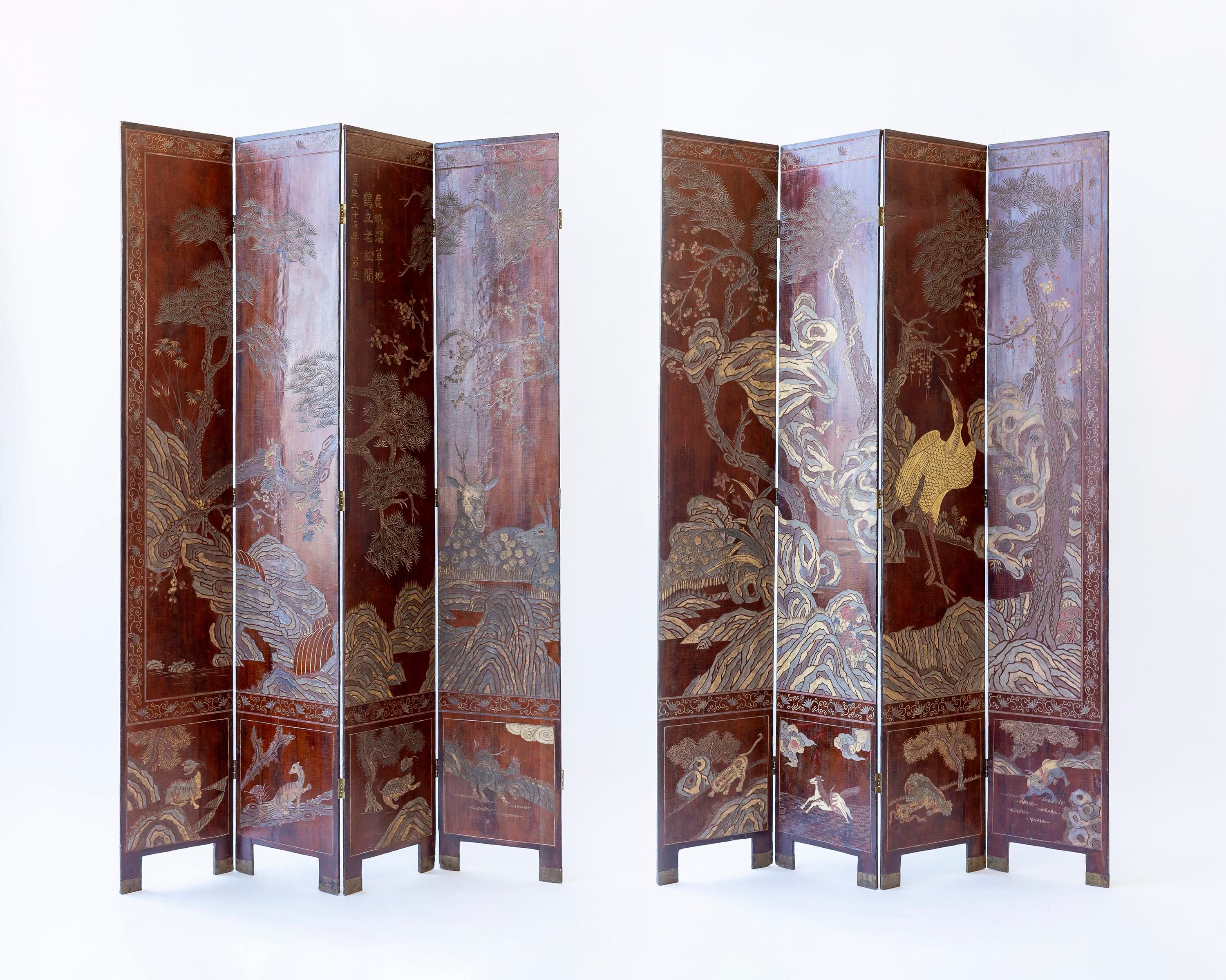 Fin du XVIIIe siècle/début du XIXe siècle Paravent à huit panneaux de Coromandel, avec inscription en vente 3