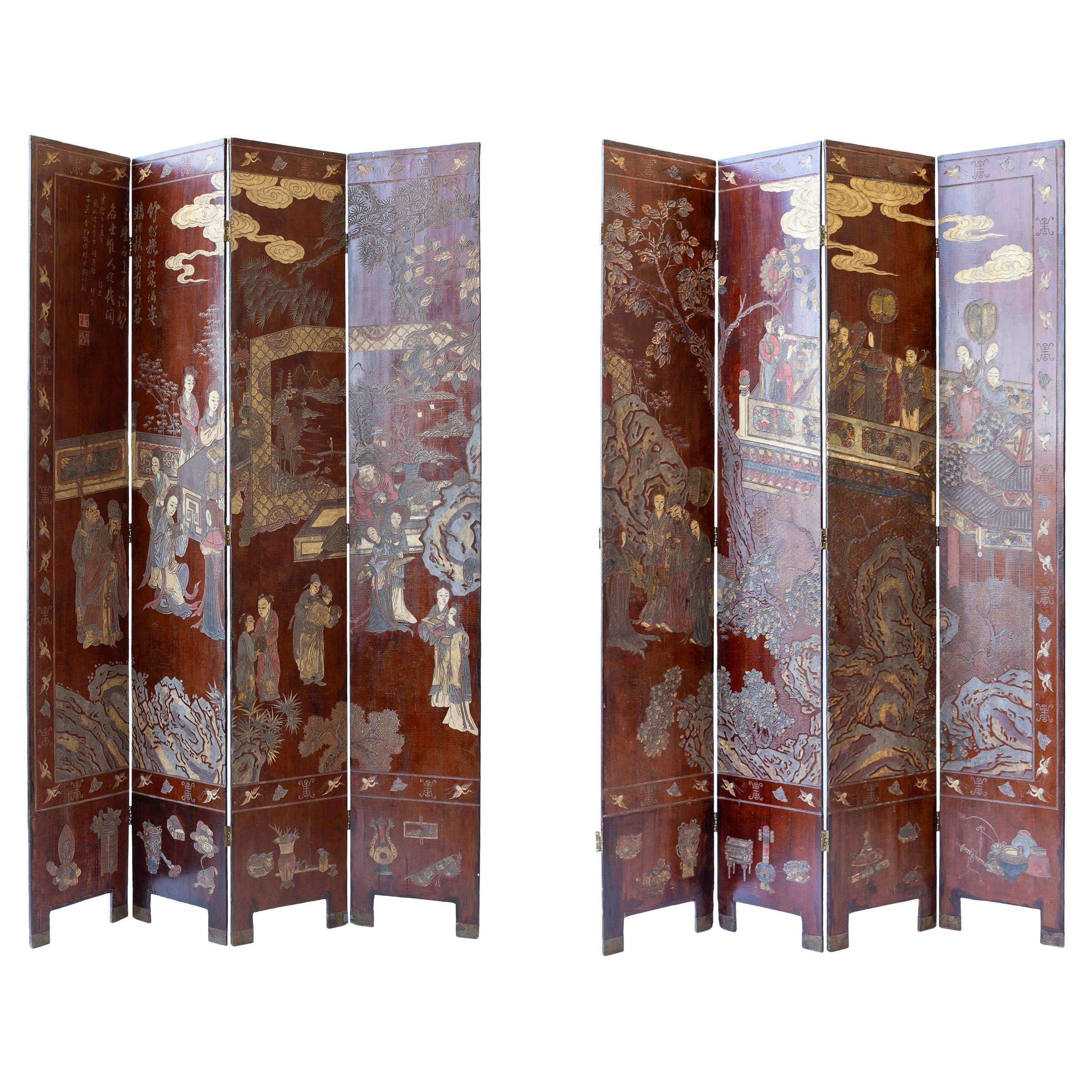 Fin du XVIIIe siècle/début du XIXe siècle Paravent à huit panneaux de Coromandel, avec inscription en vente