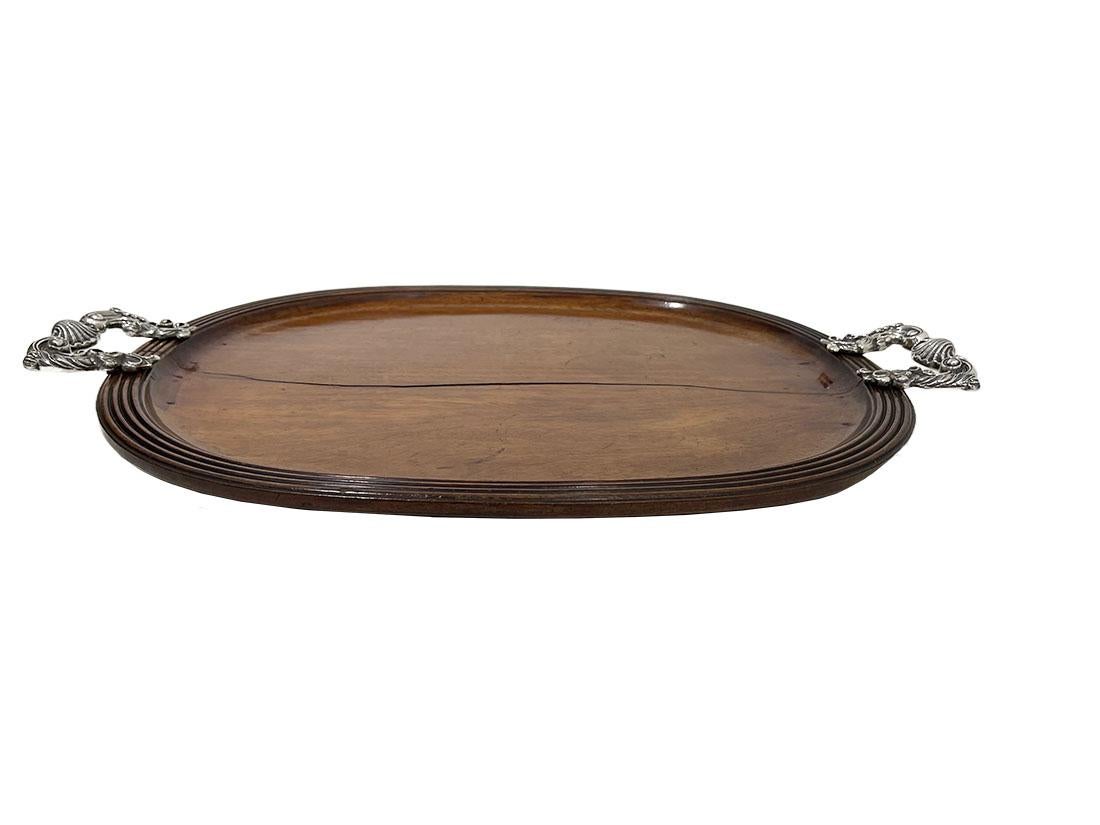Late 18th/ Early 19th Century French Wooden Serving Tray with Rocaille Handles In Good Condition For Sale In Delft, NL