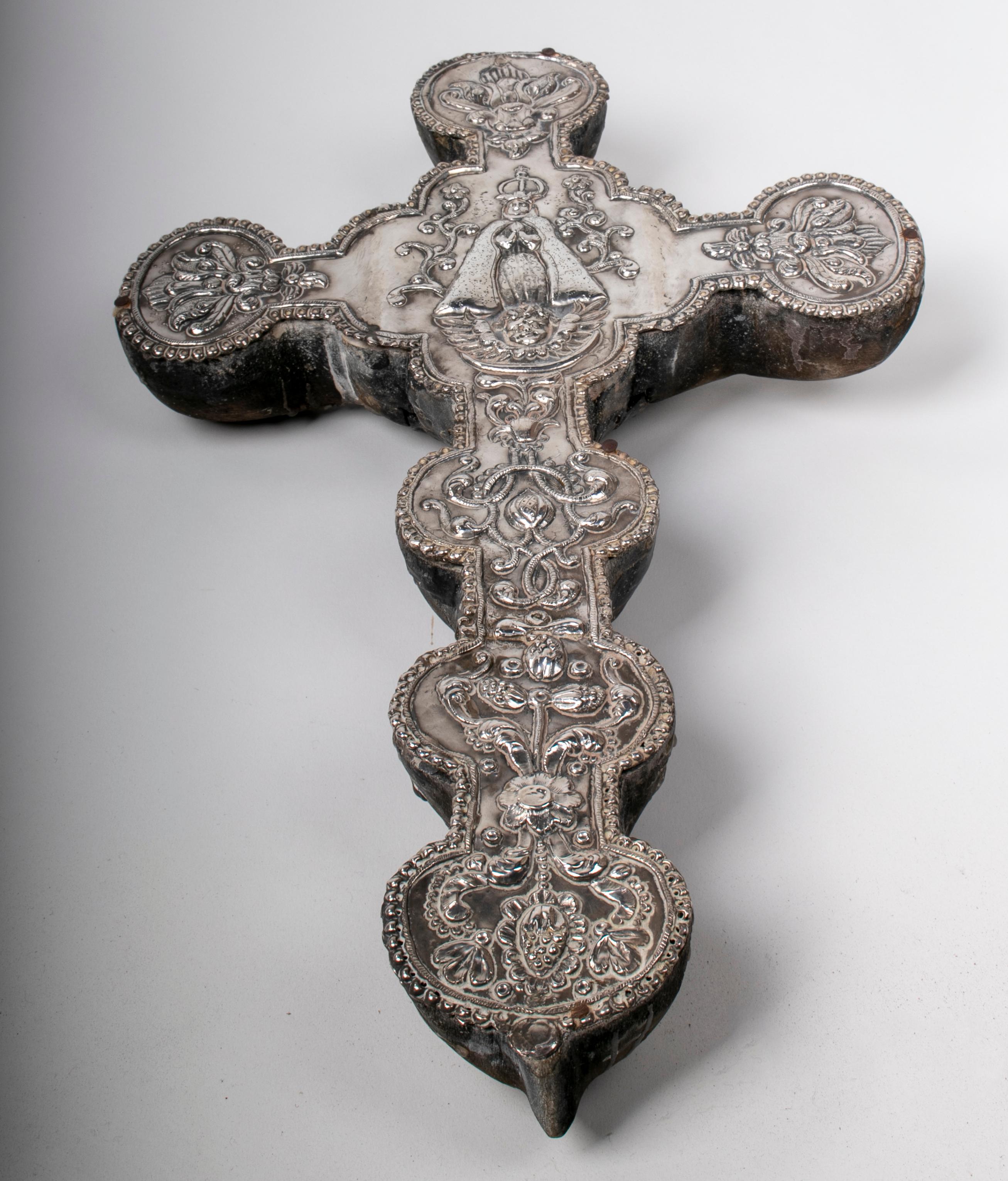 18th Century and Earlier Late 18th-Early 19th Century Peruvian Silver Cross on Wood