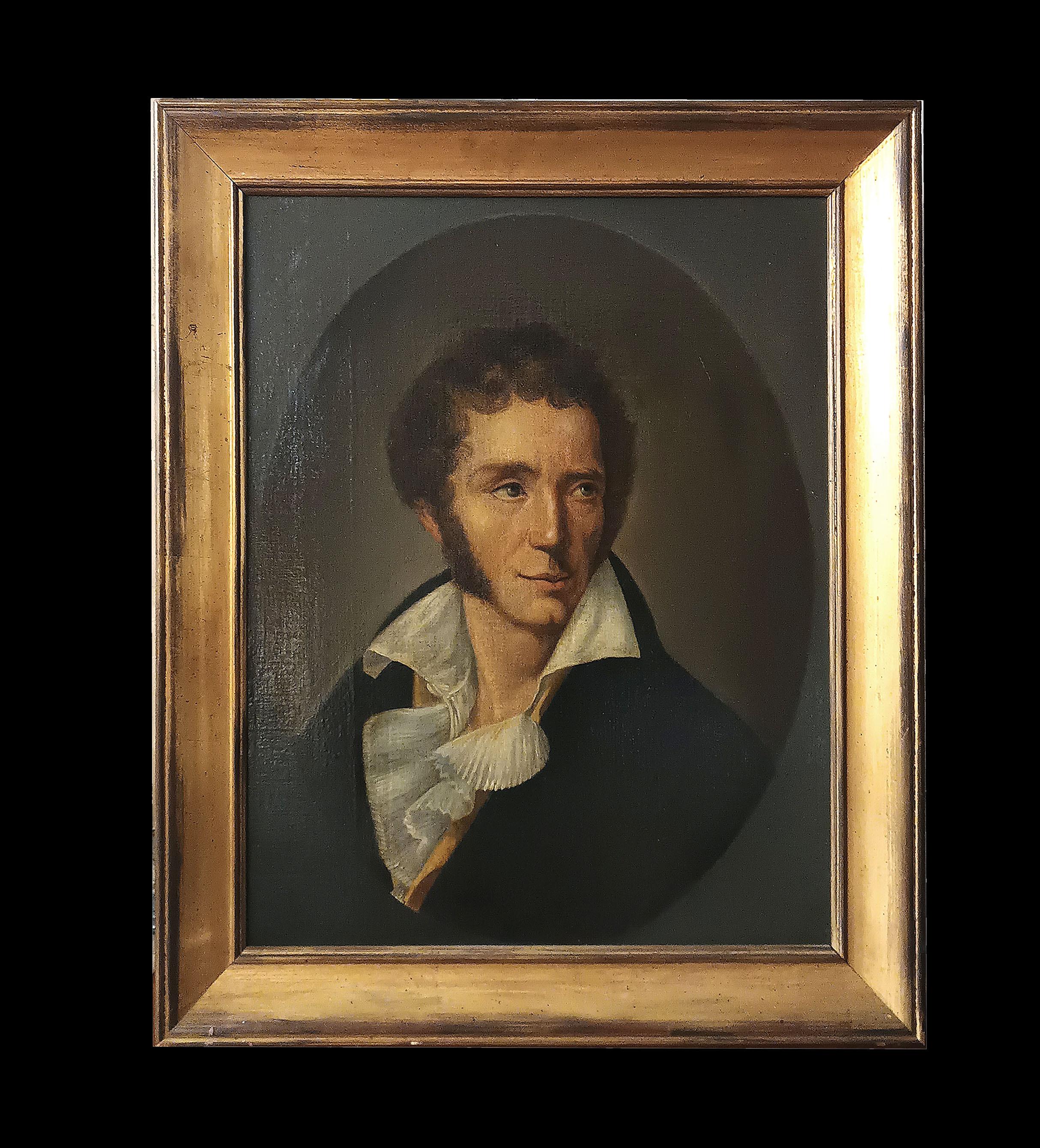 Magnificent almond-shaped portrait of a young poet, painted in oil on canvas and framed in a fine carved and gilded wooden frame. At the center of the work, the young man is portrayed with curly hair and the classic sideburns that fall to his chin.