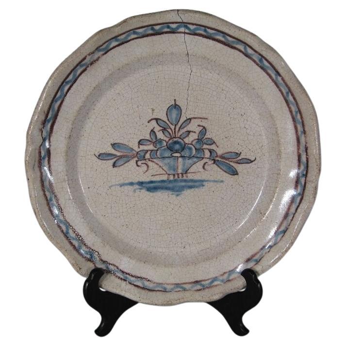 Late 18th/Early 19th Century Rouen Faience "Cul Noir" Platter with Basket  -1Y40