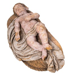 Late 18th-Early 19th Century Spanish Painted Terracotta Baby Jesus Lying in Cot