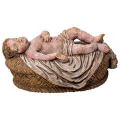 Antique Late 18th-Early 19th Century Spanish Painted Terracotta Baby Jesus Lying in Cot