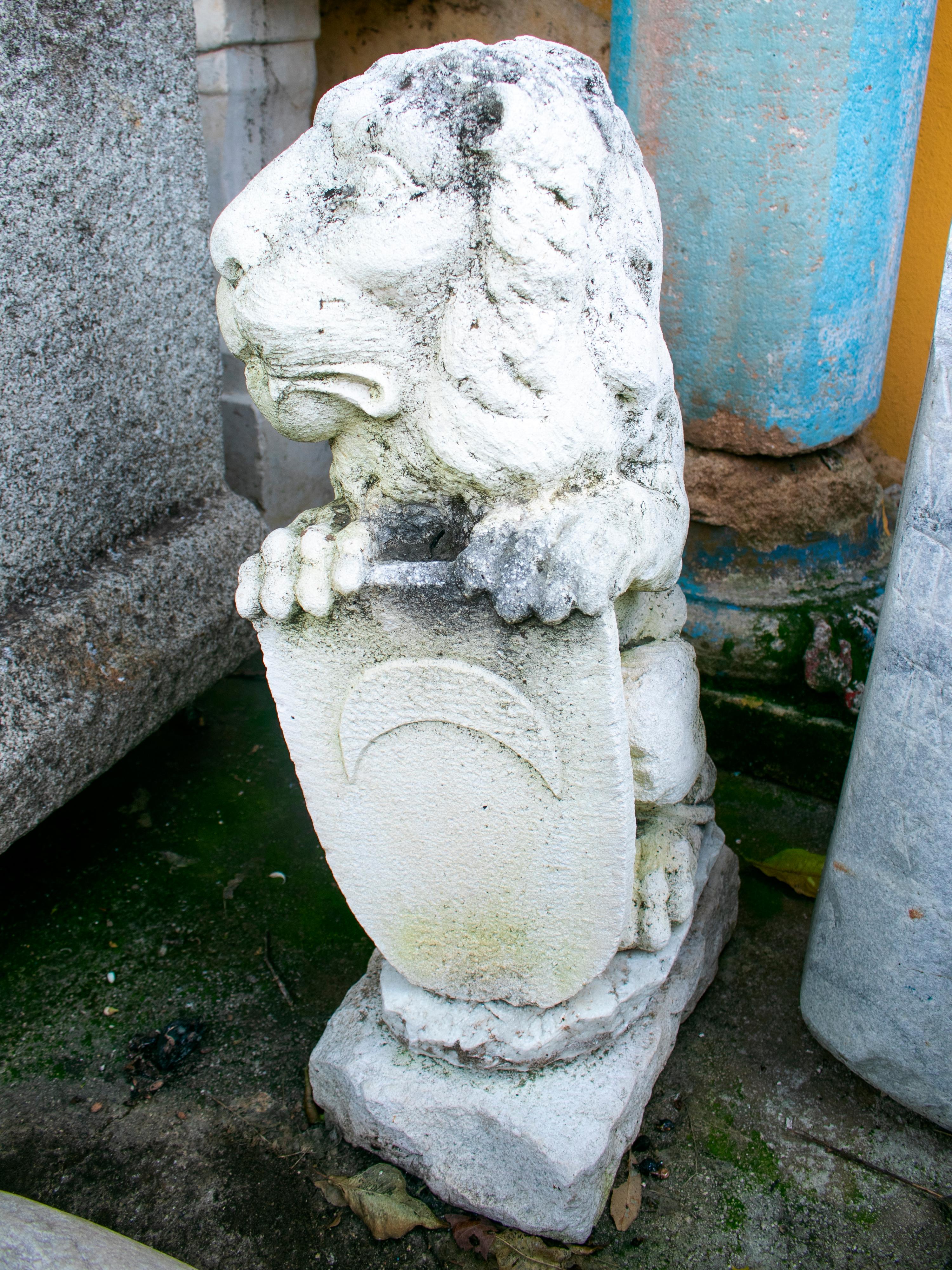 18th Century Late 18th-Early 19th Century Spanish Pair of Hand Carved Lions Holding Shields