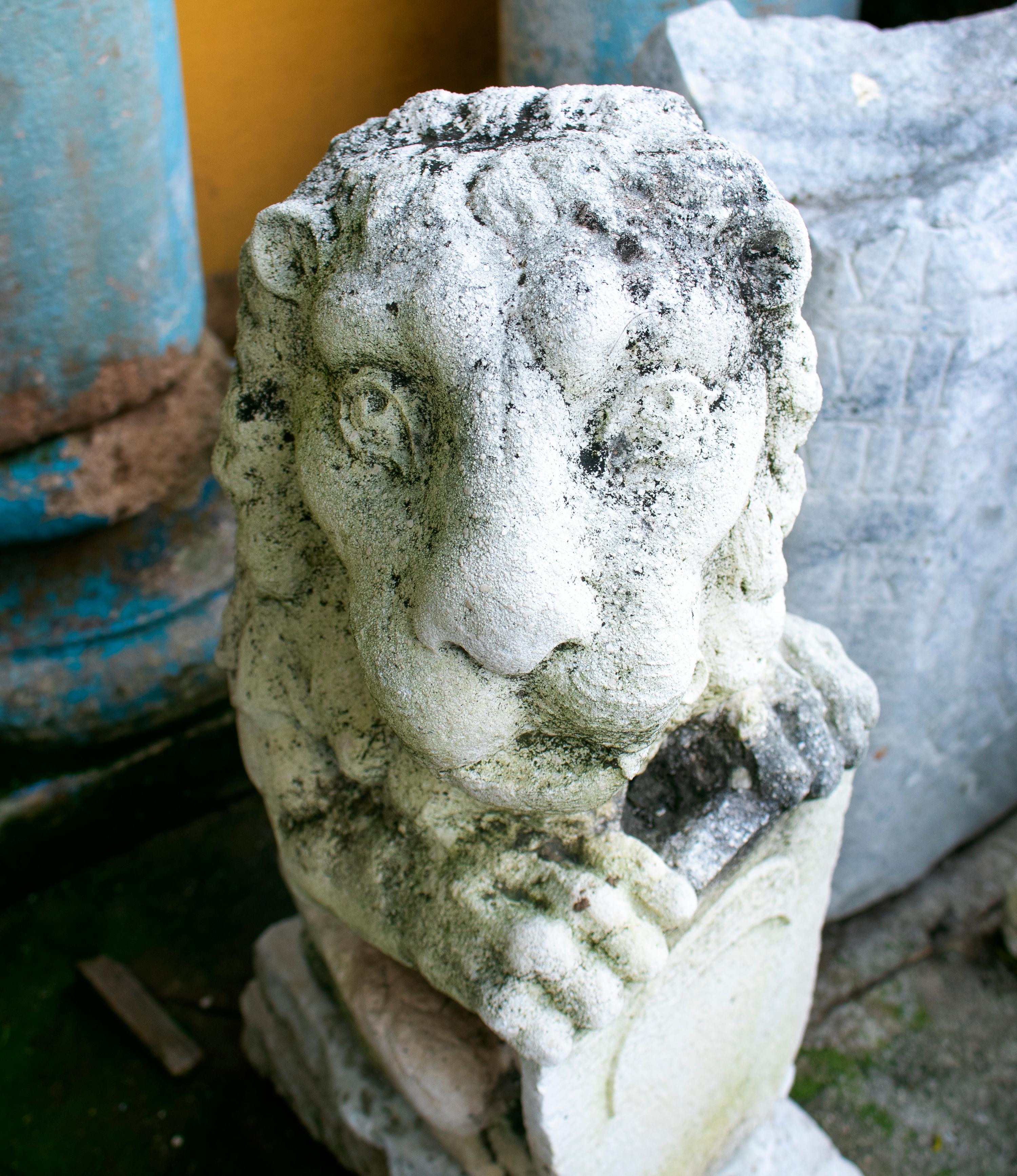 Stone Late 18th-Early 19th Century Spanish Pair of Hand Carved Lions Holding Shields