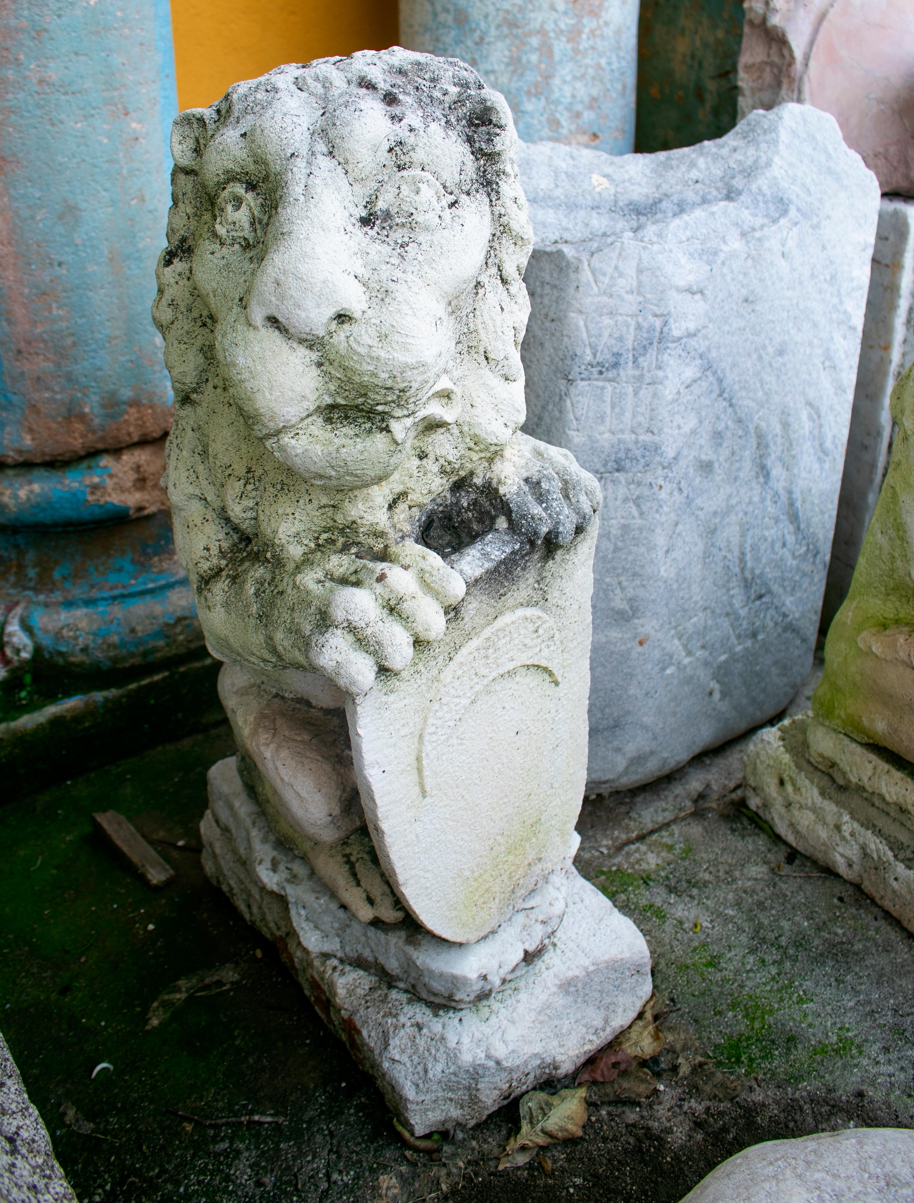 Late 18th-Early 19th Century Spanish Pair of Hand Carved Lions Holding Shields 1