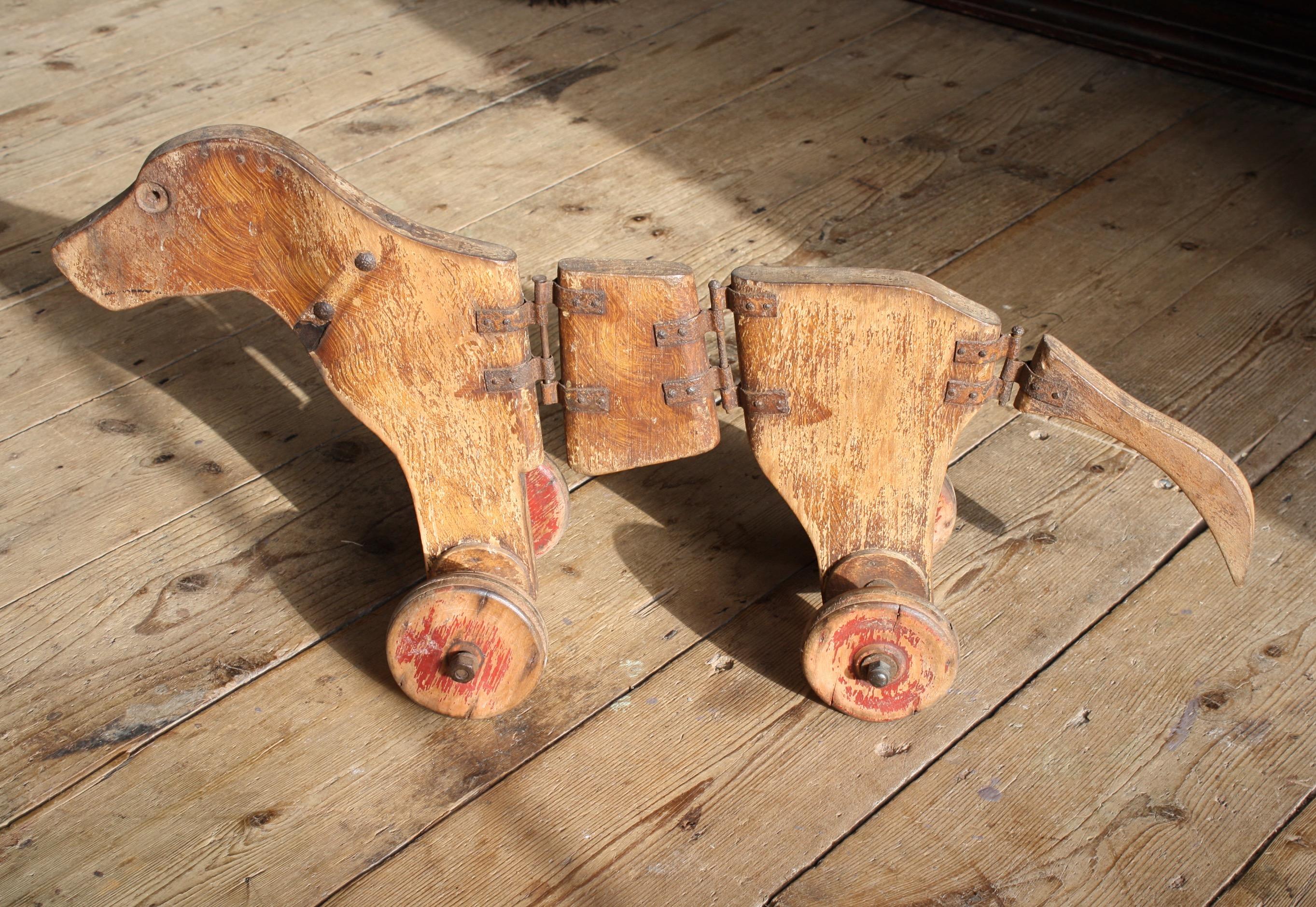 18th Century Late 18th / Early 19th Georgian Articulated Toy Pull Along Dog Folk Art
