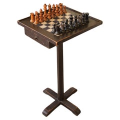 Late 18th George III Provincial Folk Art Painted Oak Games Chess Side Table