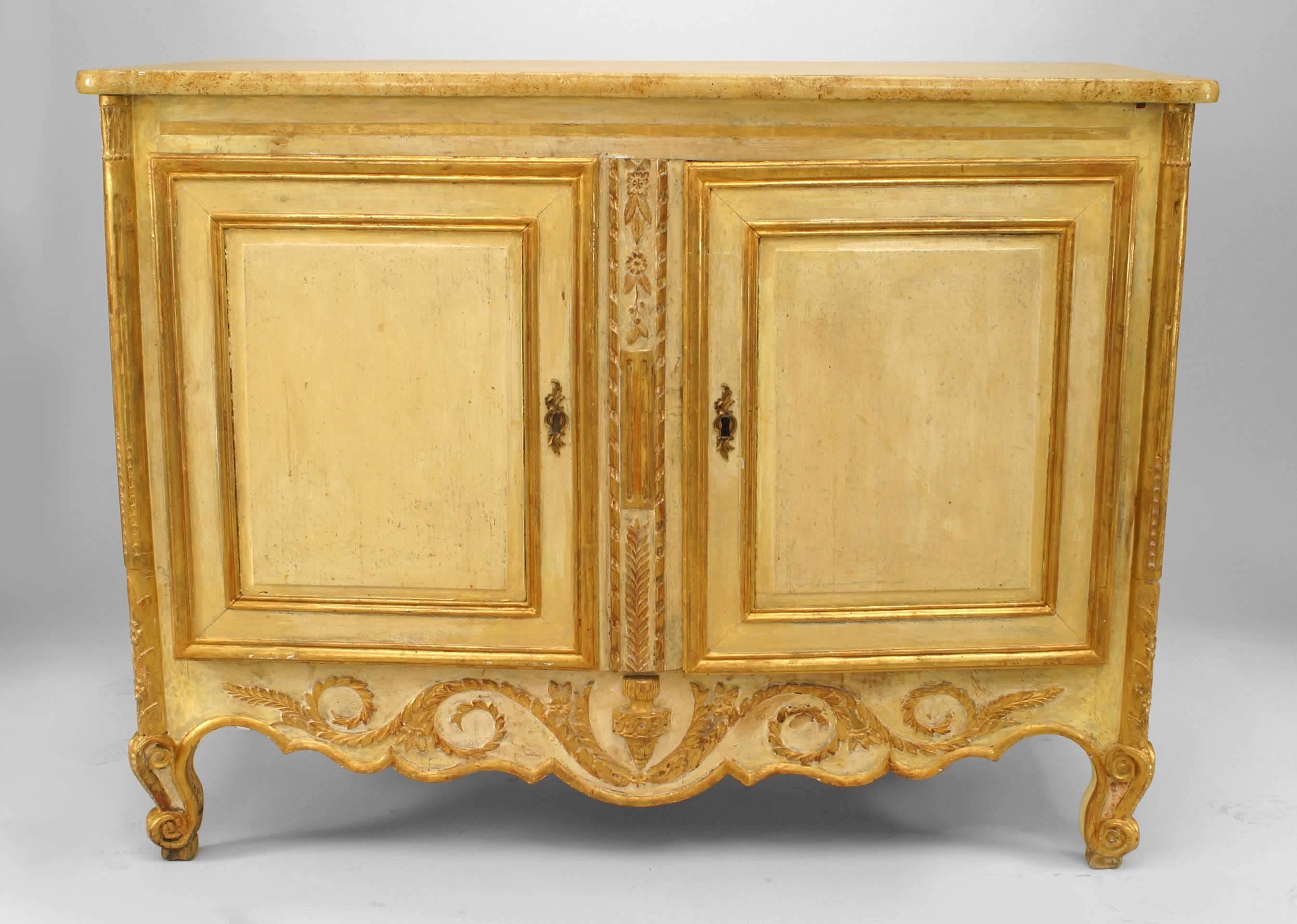 Italian Venetian style (18/19th Century with 20th top) two-door chest/commode having a refreshed off-white painted finish with foliate gilt details on cabriole leg with a faux marble top.
