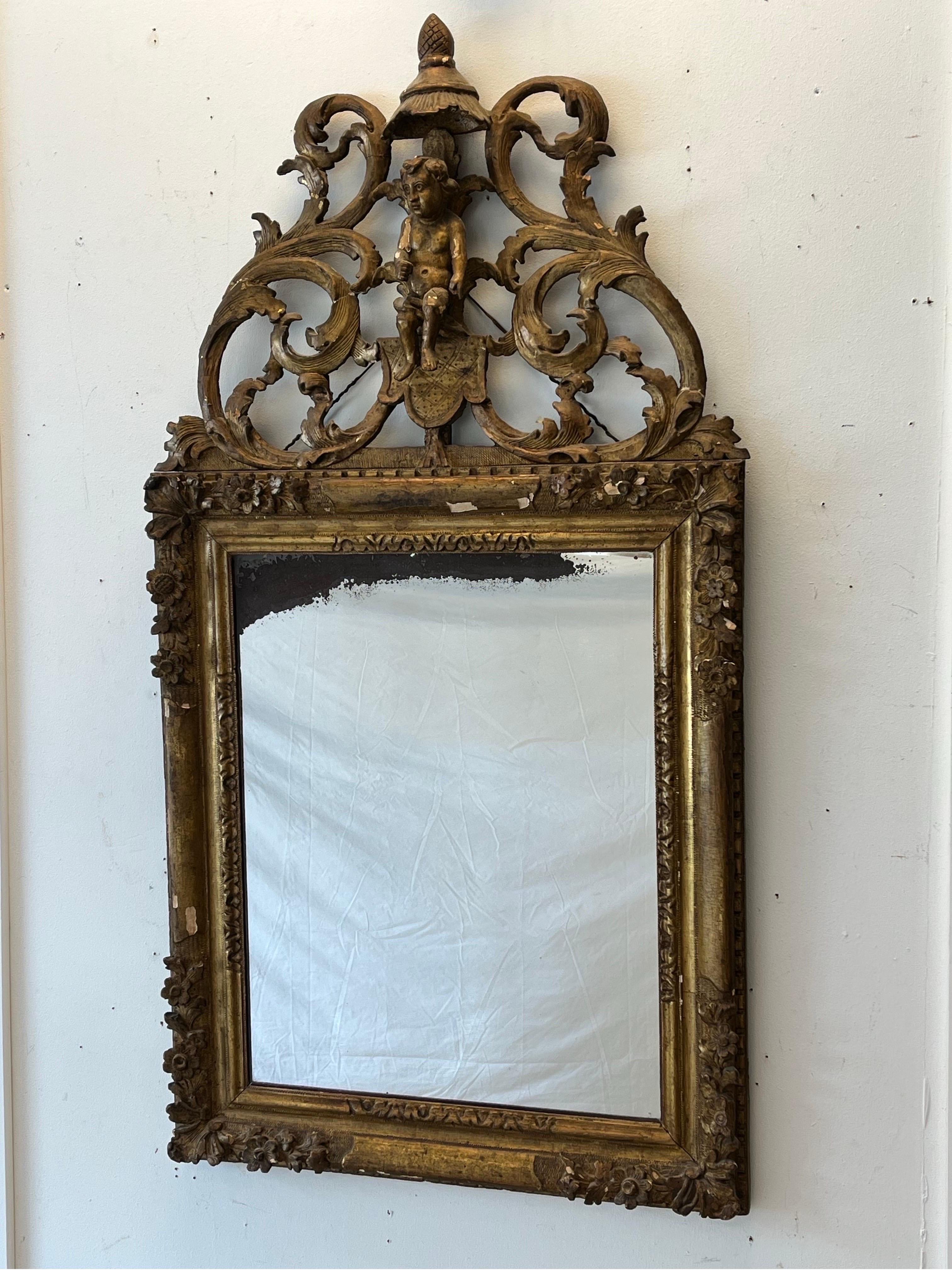 French Late 18th or Early 19th Century Regence Louis XIII Style Ornate Cherub Mirror For Sale