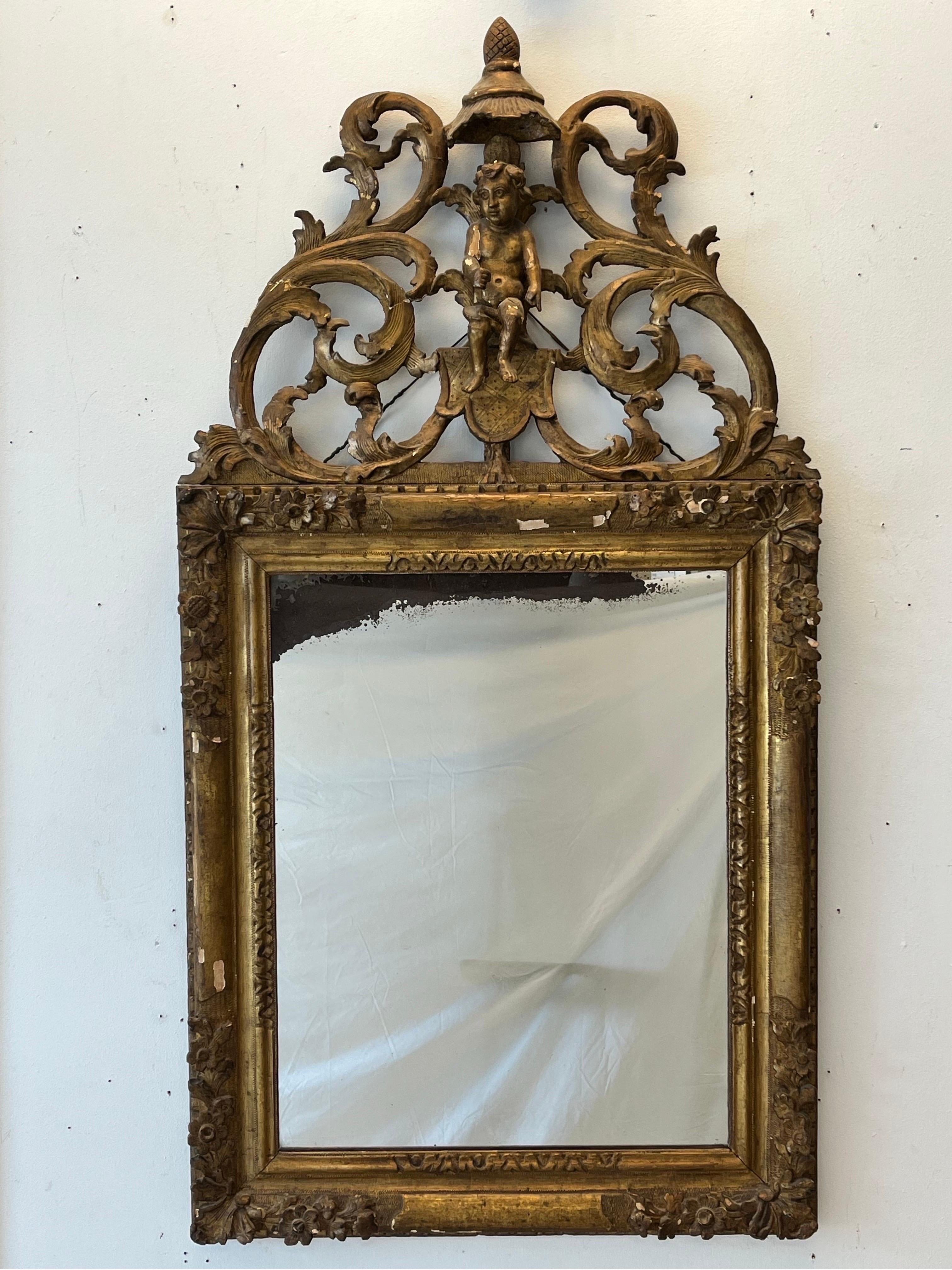 Hand-Carved Late 18th or Early 19th Century Regence Louis XIII Style Ornate Cherub Mirror For Sale