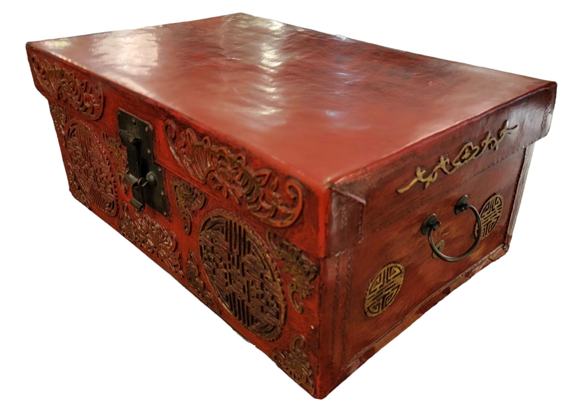 18th Century and Earlier Late 18thC Chinese Leather Wooden Trunk For Sale