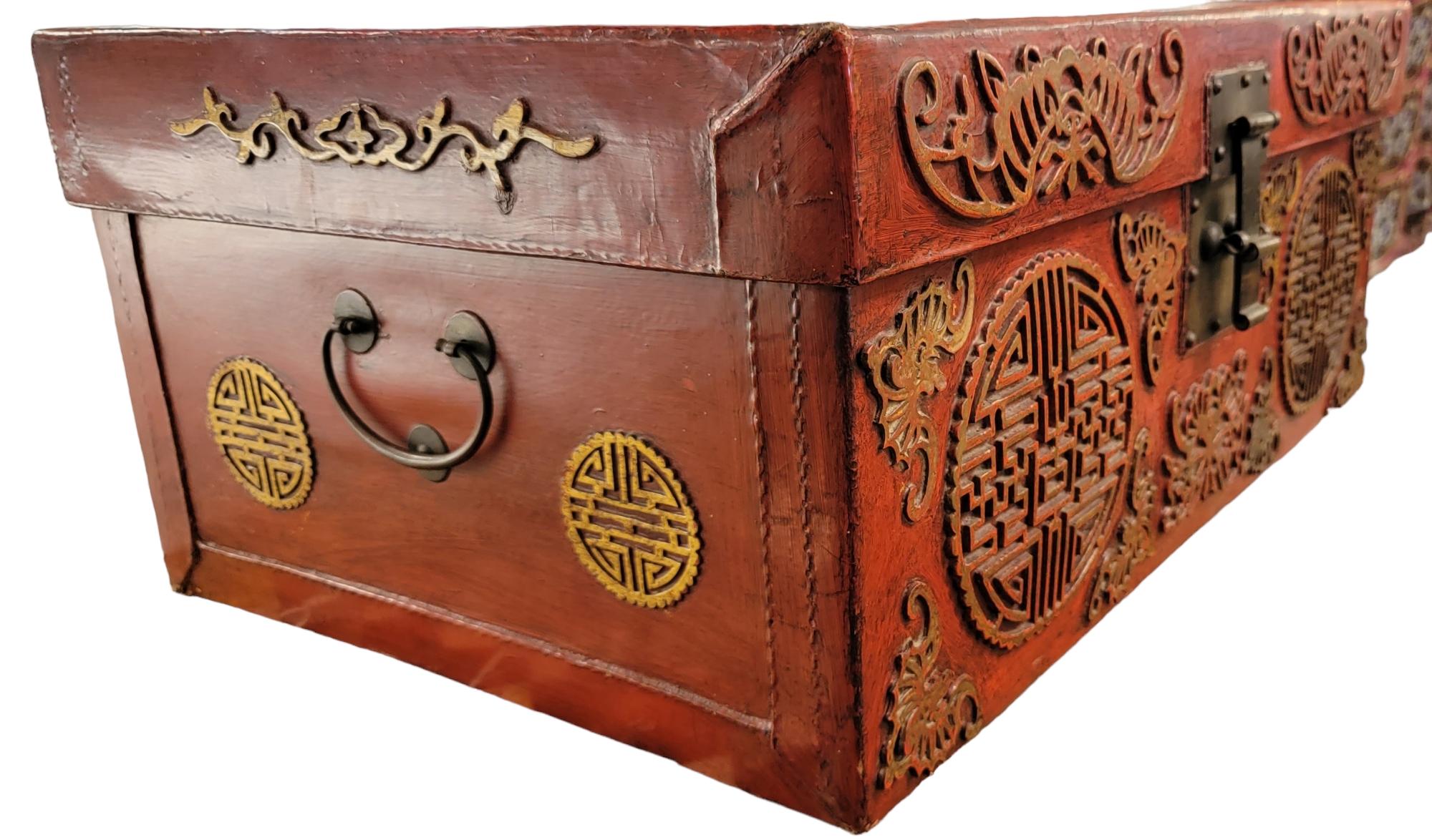 Late 18thC Chinese Leather Wooden Trunk For Sale 1